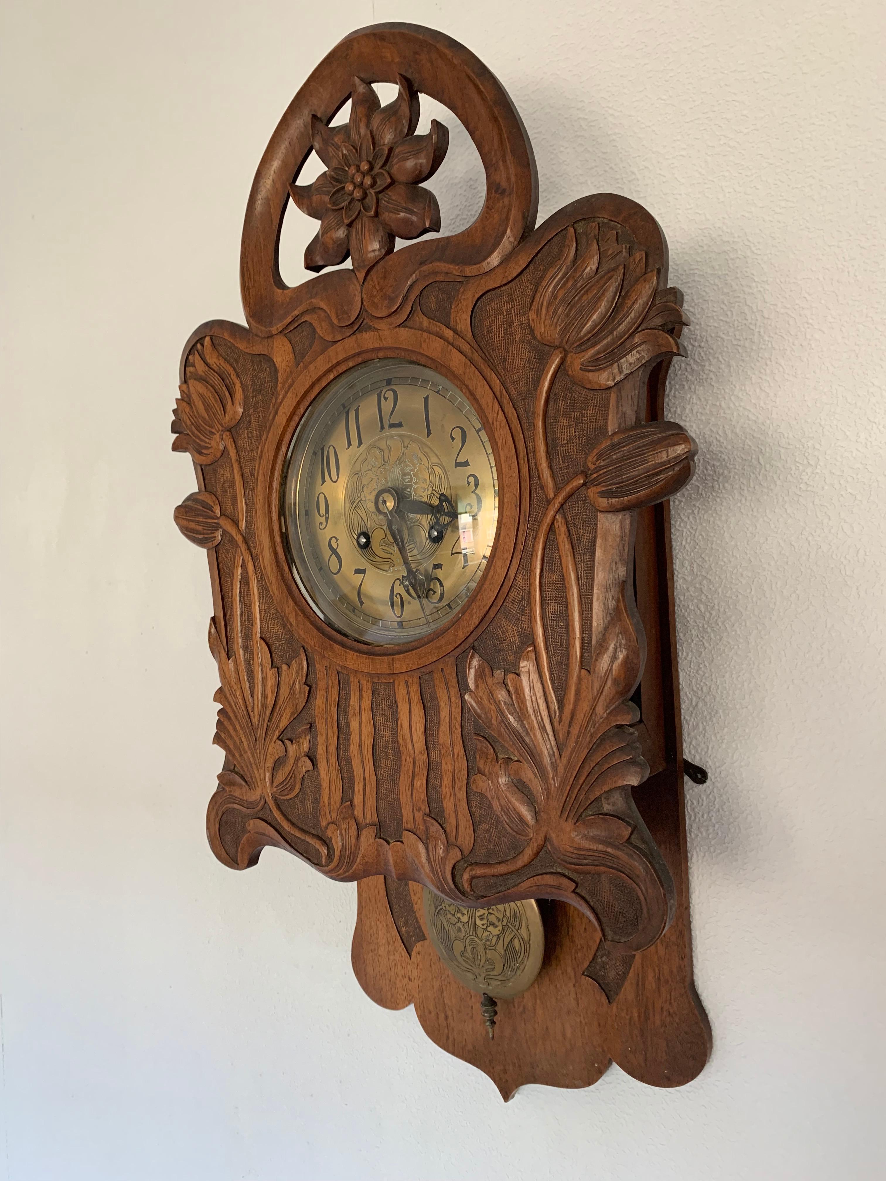 Hand-Carved Antique Hand Carved Solid Nutwood Jugendstil Wall Clock with Rare Flower Design