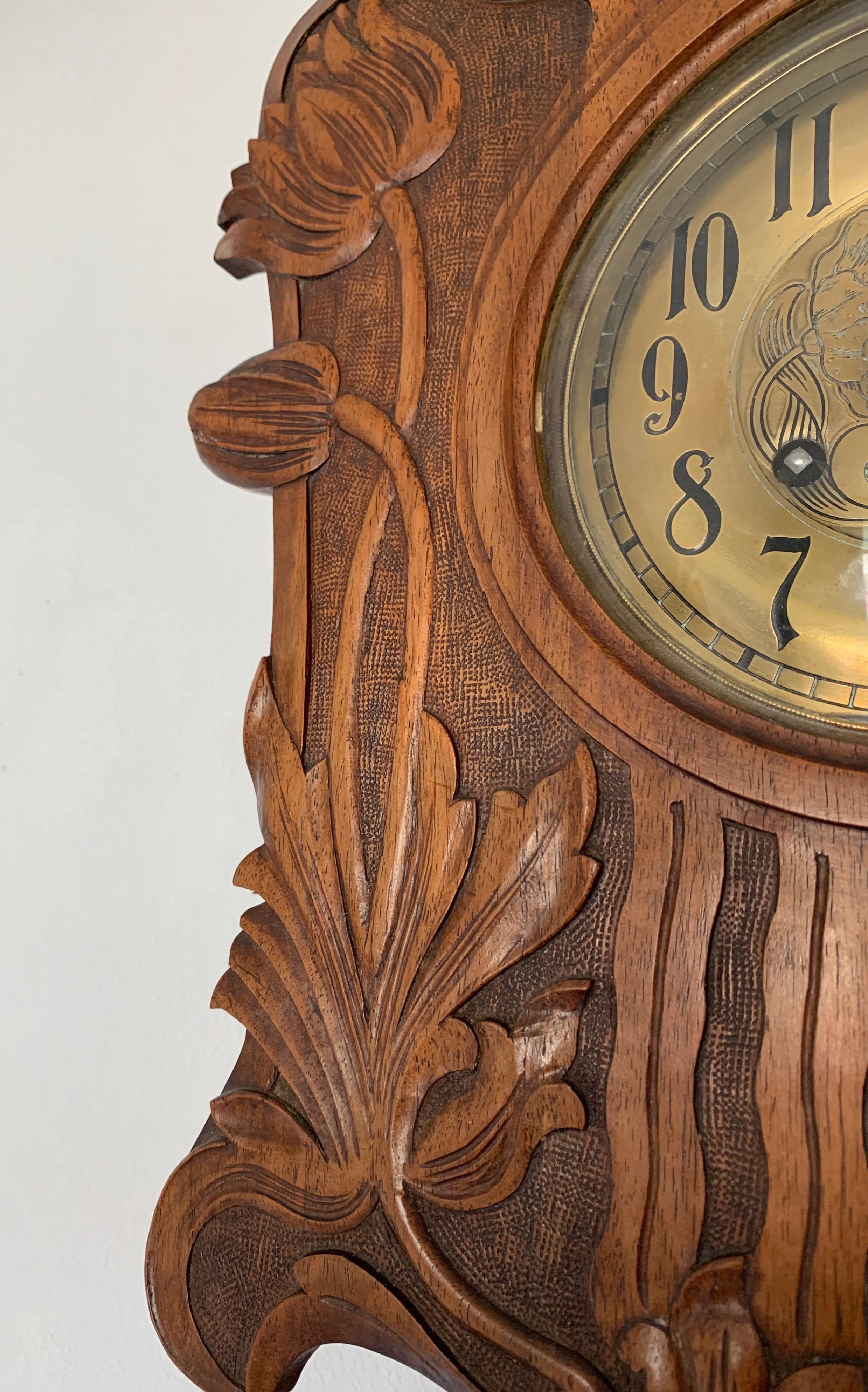 20th Century Antique Hand Carved Solid Nutwood Jugendstil Wall Clock with Rare Flower Design