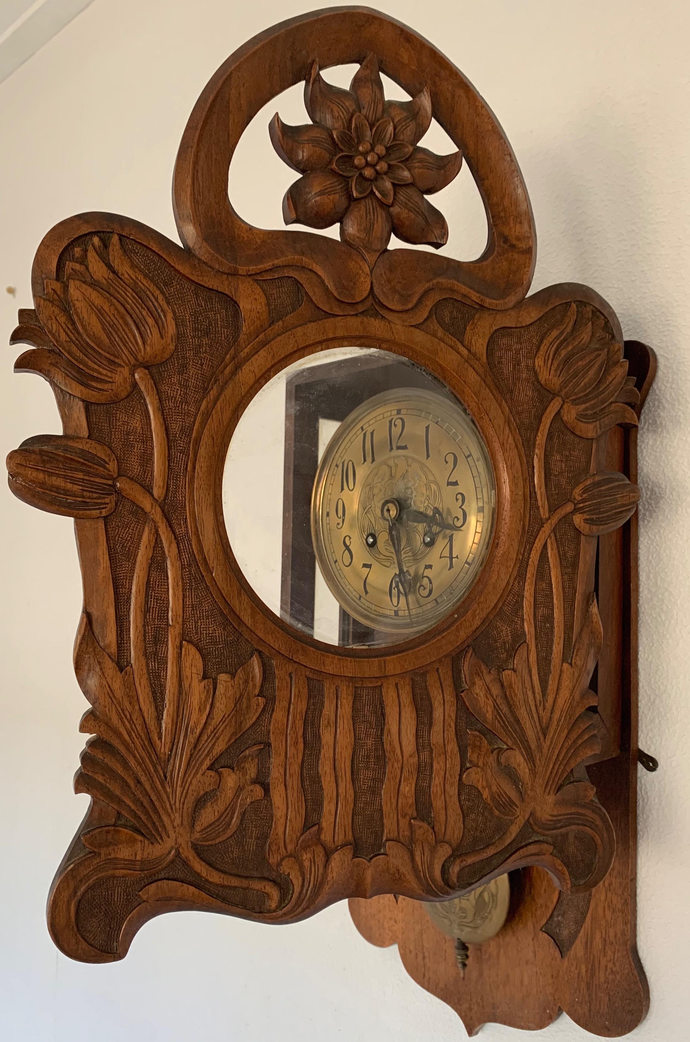 Glass Antique Hand Carved Solid Nutwood Jugendstil Wall Clock with Rare Flower Design