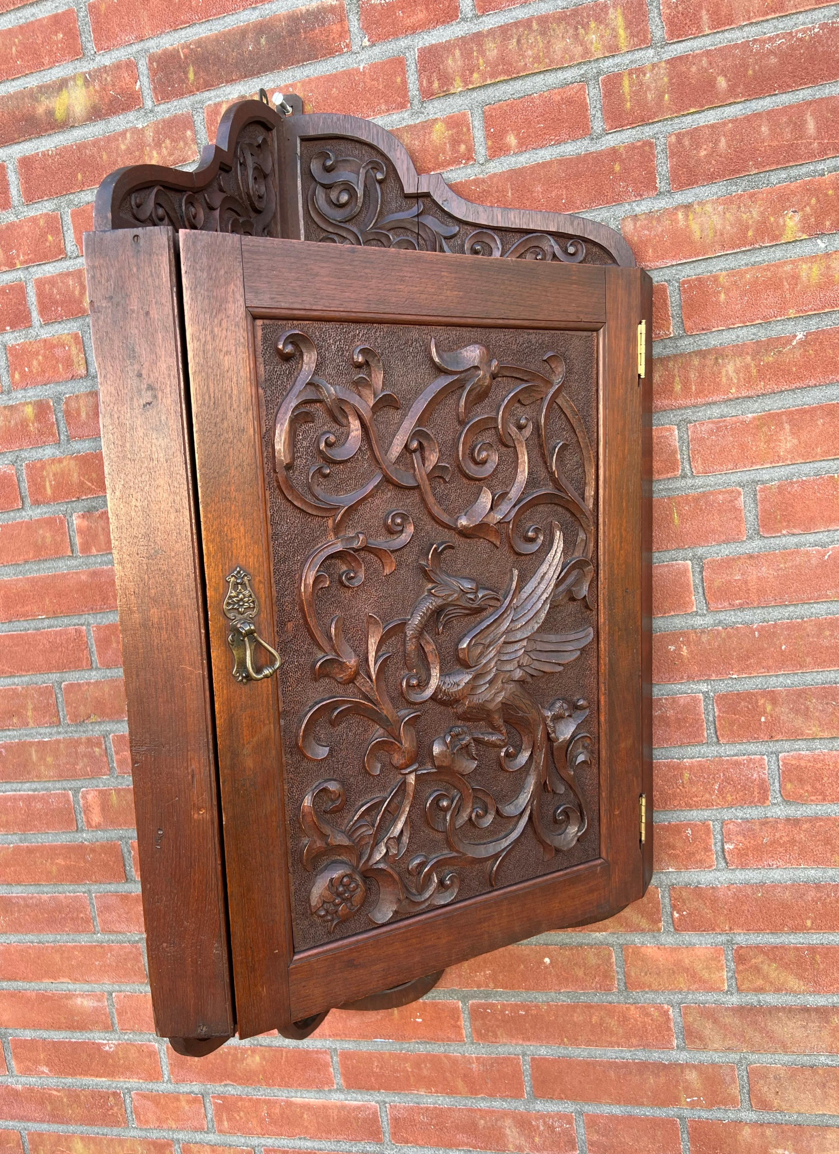 Antique Hand Carved Solid Nutwood Wall Corner Cabinet w. Phoenix Sculpture For Sale 8