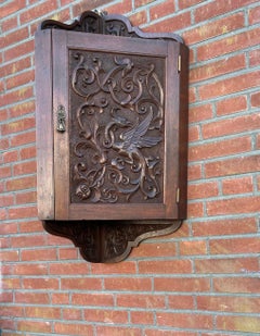 Antique Hand Carved Solid Nutwood Wall Corner Cabinet w. Phoenix Sculpture