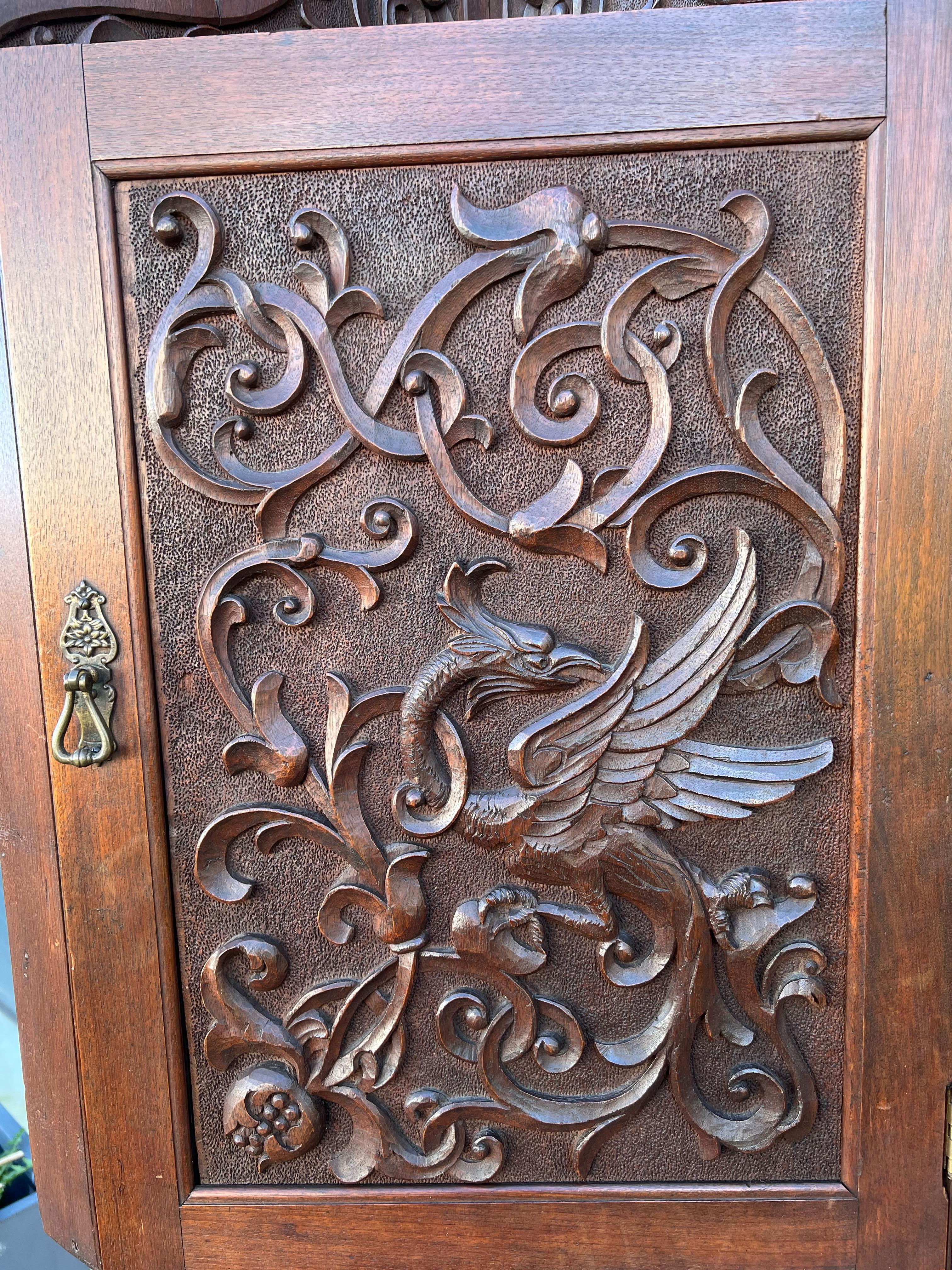 Victorian Antique Hand Carved Solid Nutwood Wall Corner Cabinet w. Phoenix Sculpture For Sale