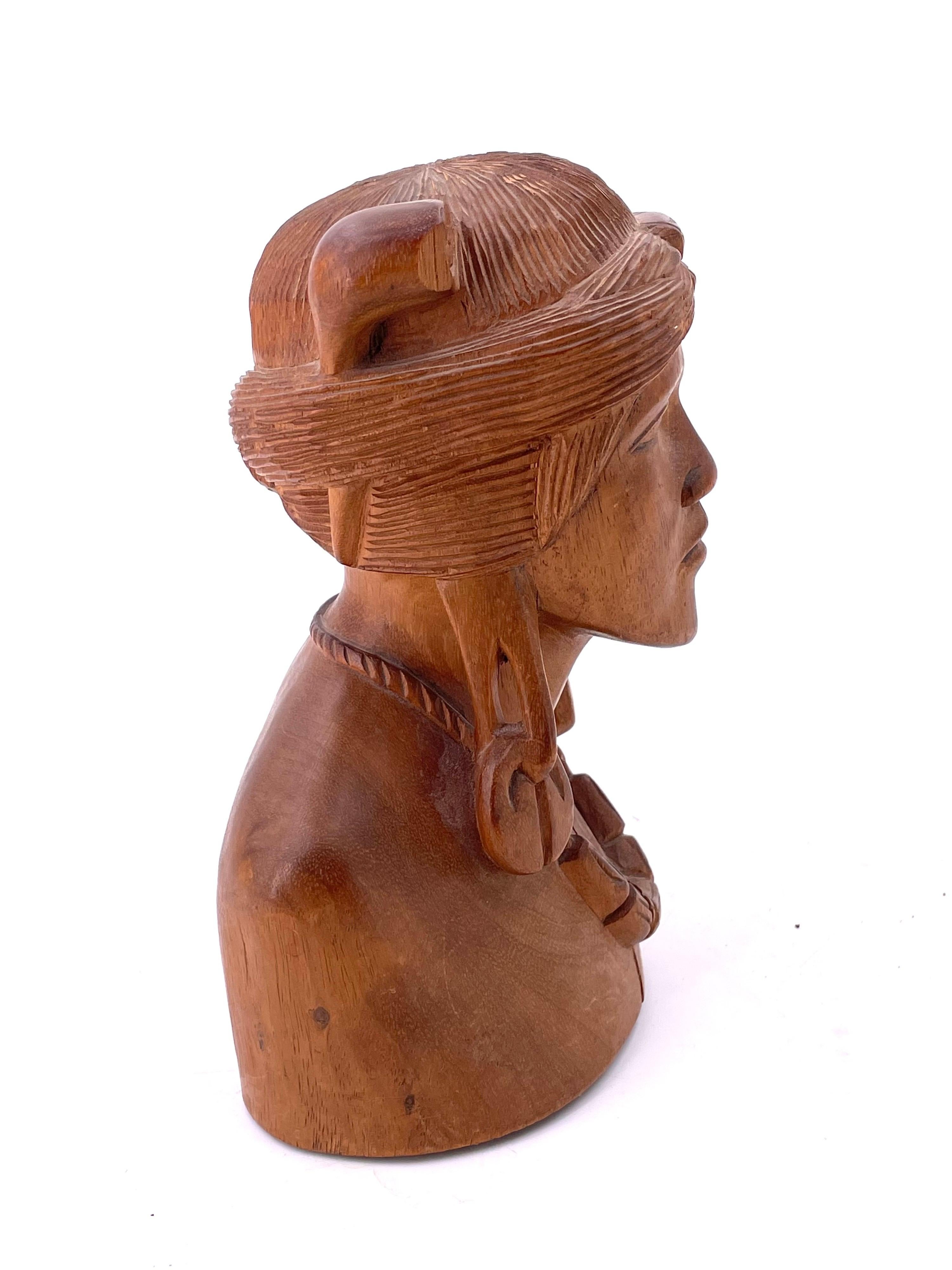 Well done hand-carved American Indian sculpture bust unsigned circa 1960's. Solid mahogany.