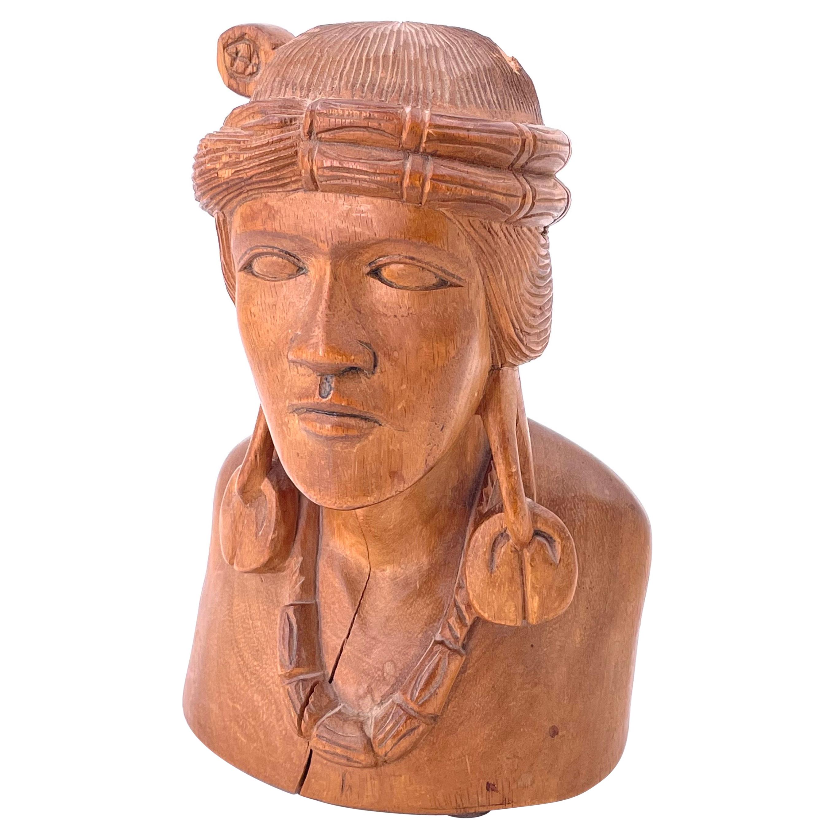 Antique Hand Carved Solid Wood American Indian Sculpture Bust For Sale