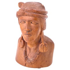 Vintage Hand Carved Solid Wood American Indian Sculpture Bust