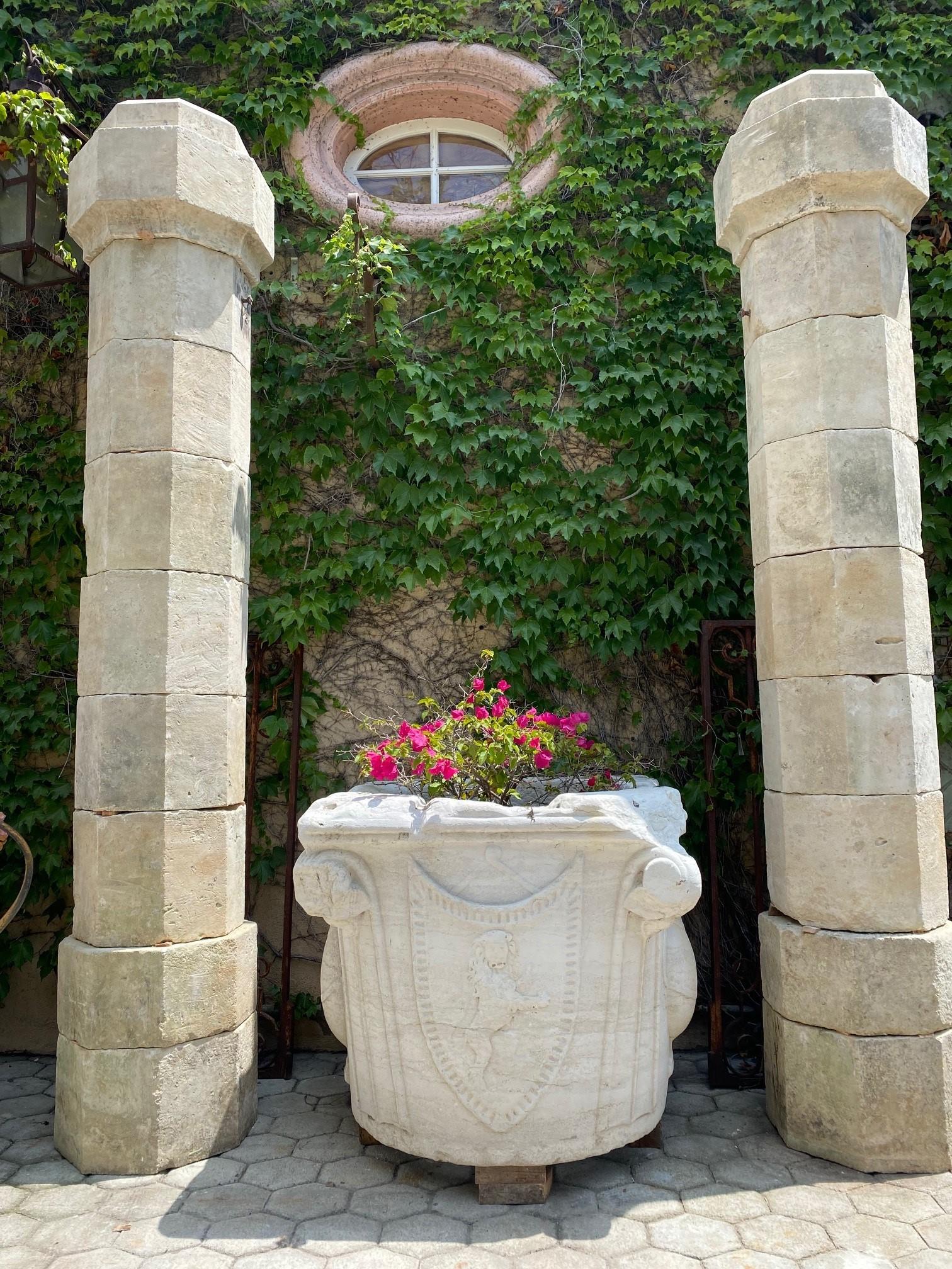 Antique hand carved stone garden pillars columns posts & base pedestal dealer LA . 18th century hand carved stone garden columns architectural elements decorative as a pair to define an entrance of a garden, you can mount a light lantern in the