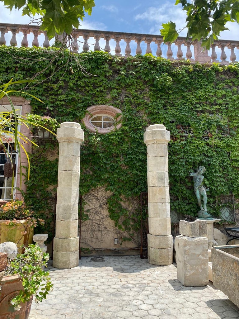 Antique Hand Carved Stone Garden Pillars Columns Posts and Base Pedestal Dealer LA For Sale at