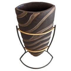 Antique Hand-Carved Stone Sculptural Vase with Metal Display Stand