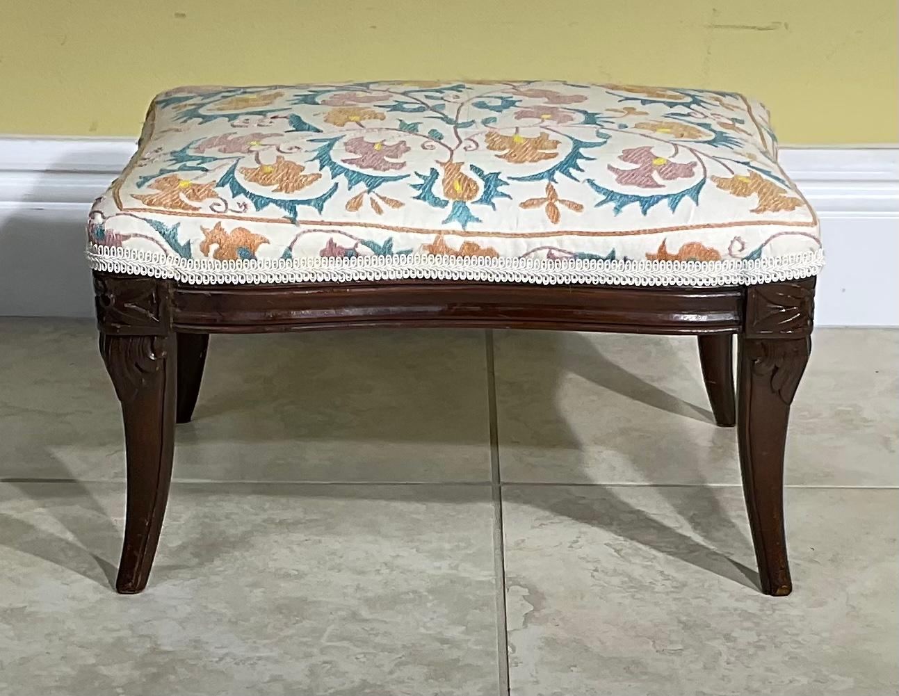 American Antique Hand Carved Suzani Embroidery Foot Stool For Sale