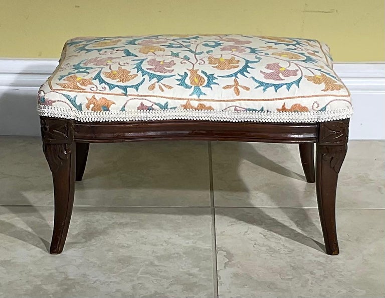 Antique Hand Carved Suzani Embroidery Foot Stool For Sale at 1stDibs