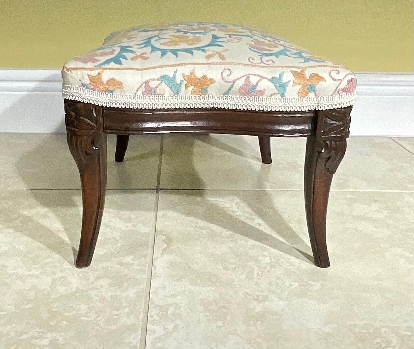 Antique Hand Carved Suzani Embroidery Foot Stool In Good Condition For Sale In Delray Beach, FL