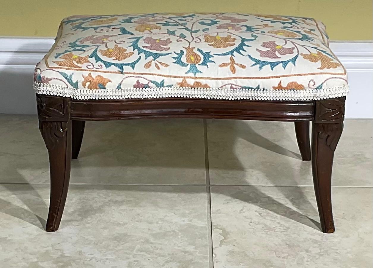 Cotton Antique Hand Carved Suzani Embroidery Foot Stool For Sale