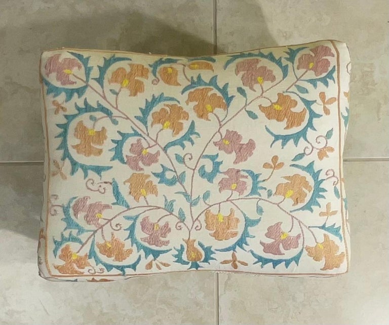 Antique Hand Carved Suzani Embroidery Foot Stool For Sale at 1stDibs