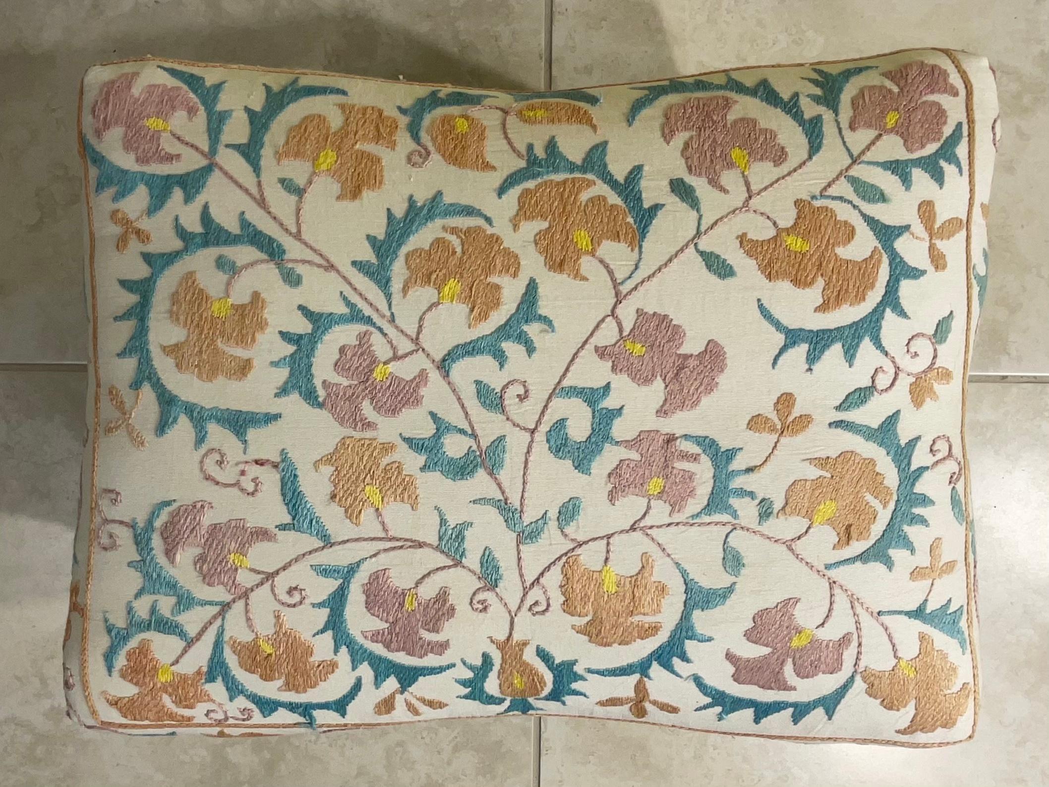 Antique Hand Carved Suzani Embroidery Foot Stool 2