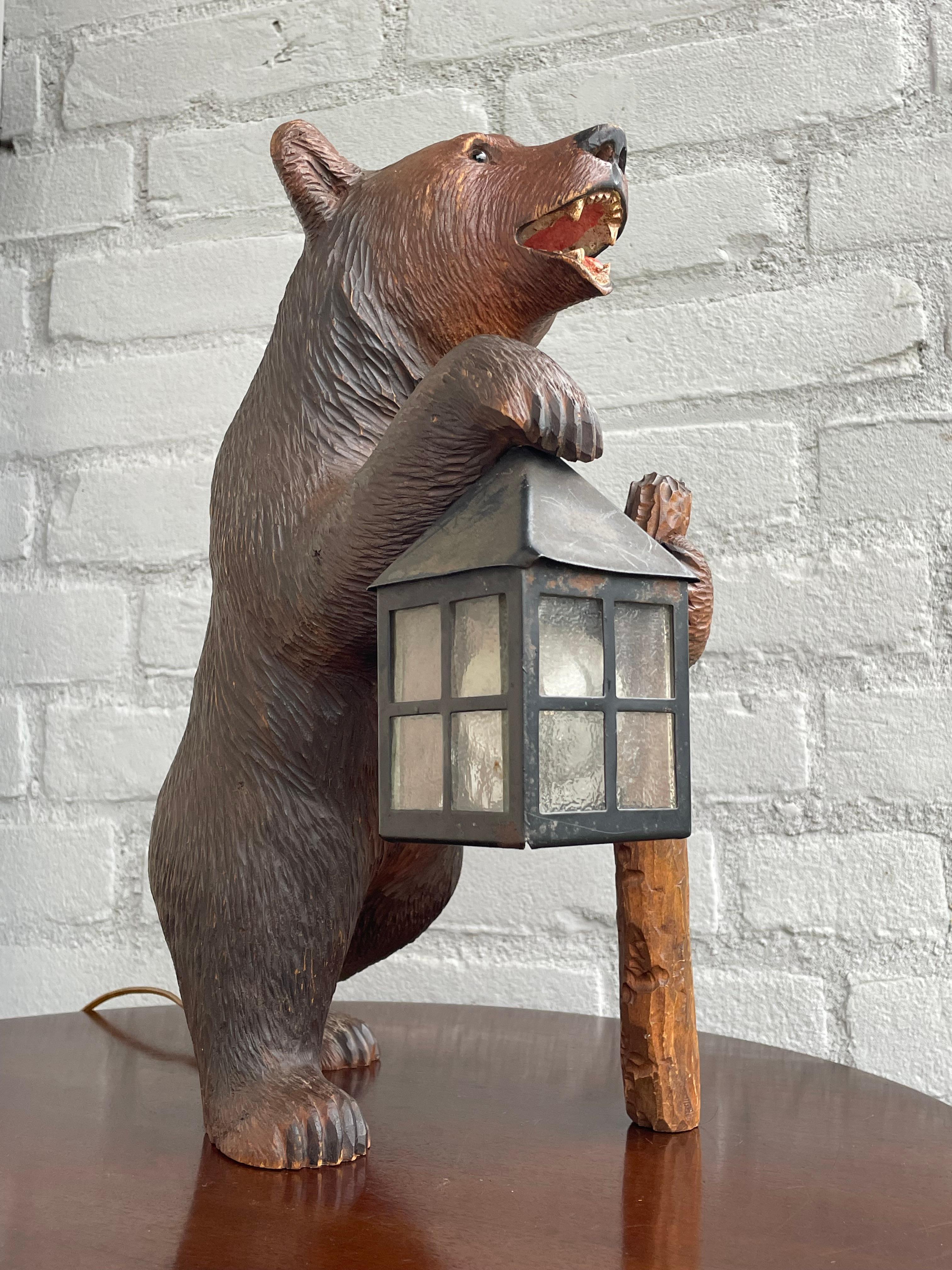 Antique Hand Carved Swiss Black Forest Bear Table / Desk Lamp with Maker's Marks 5