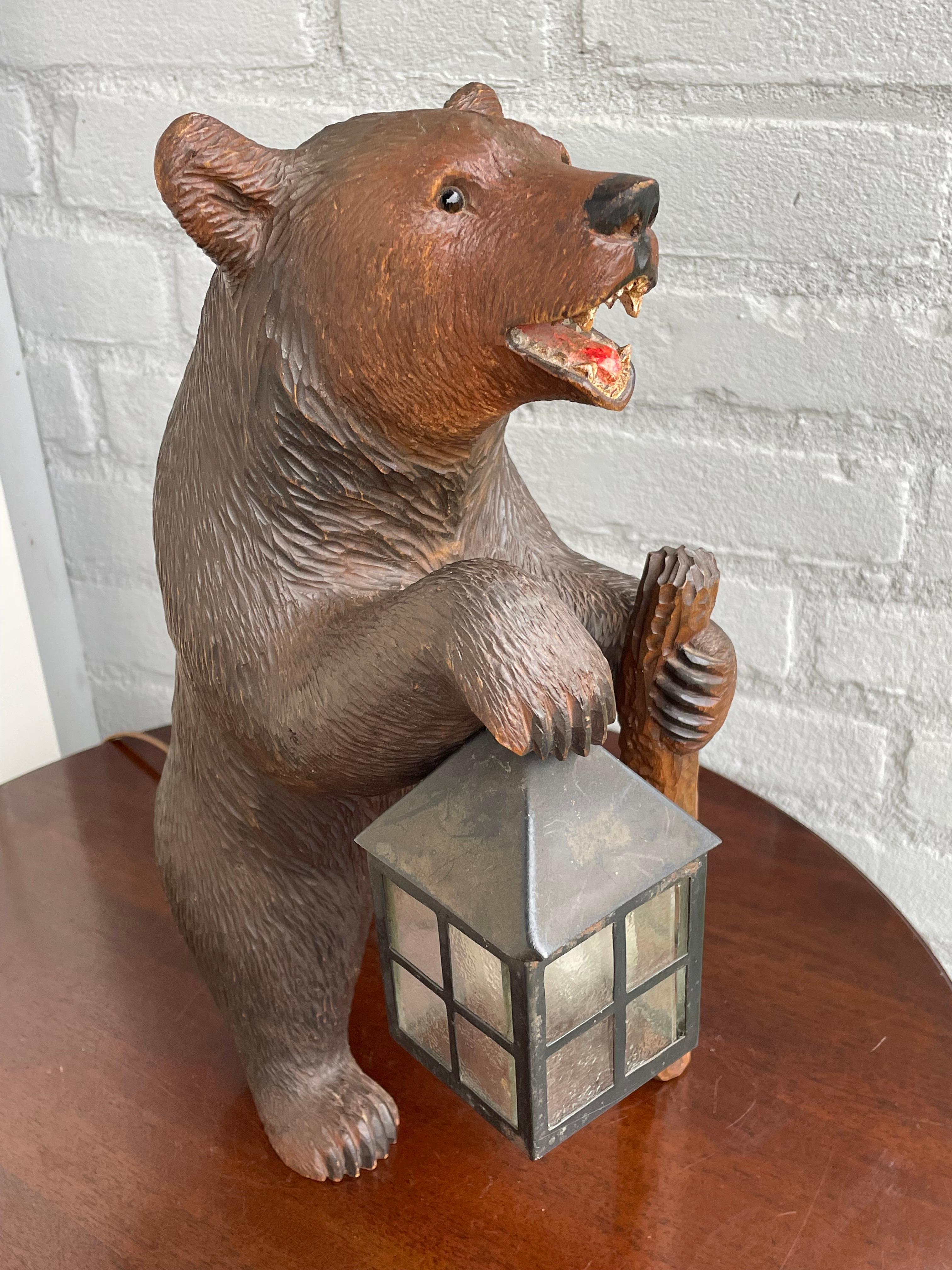 Antique Hand Carved Swiss Black Forest Bear Table / Desk Lamp with Maker's Marks 6
