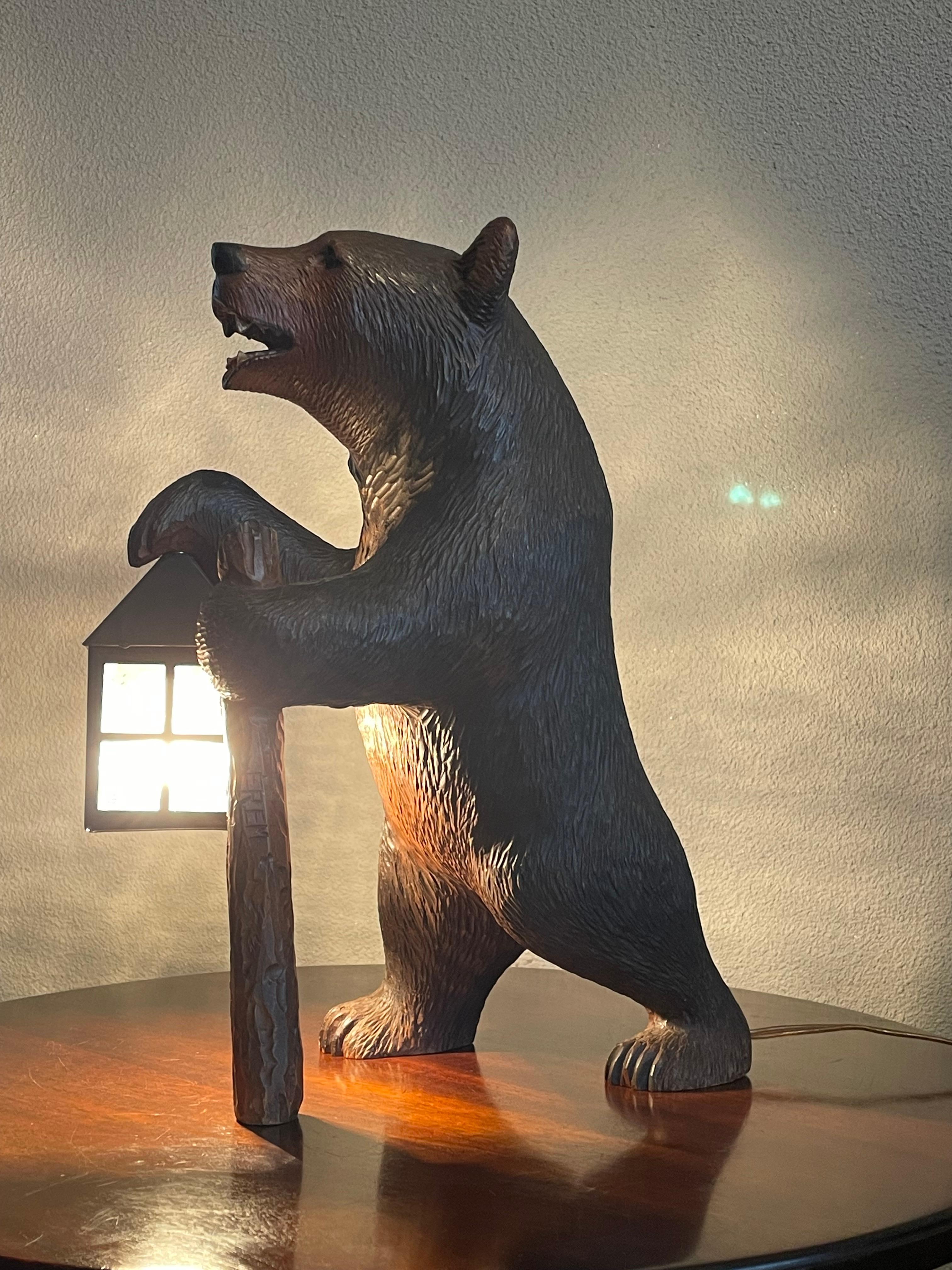 Antique Hand Carved Swiss Black Forest Bear Table / Desk Lamp with Maker's Marks 7