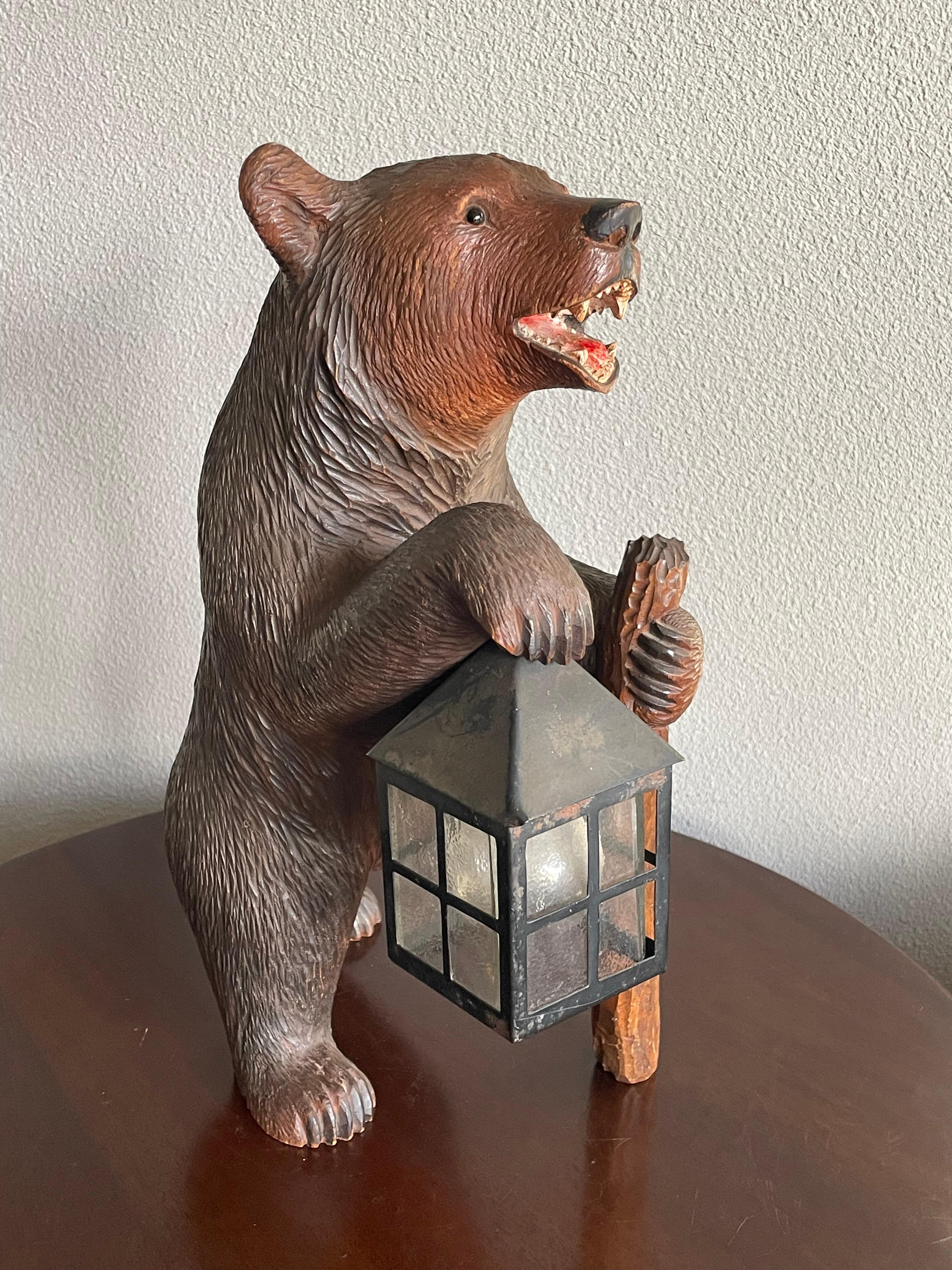 Antique Hand Carved Swiss Black Forest Bear Table / Desk Lamp with Maker's Marks 8