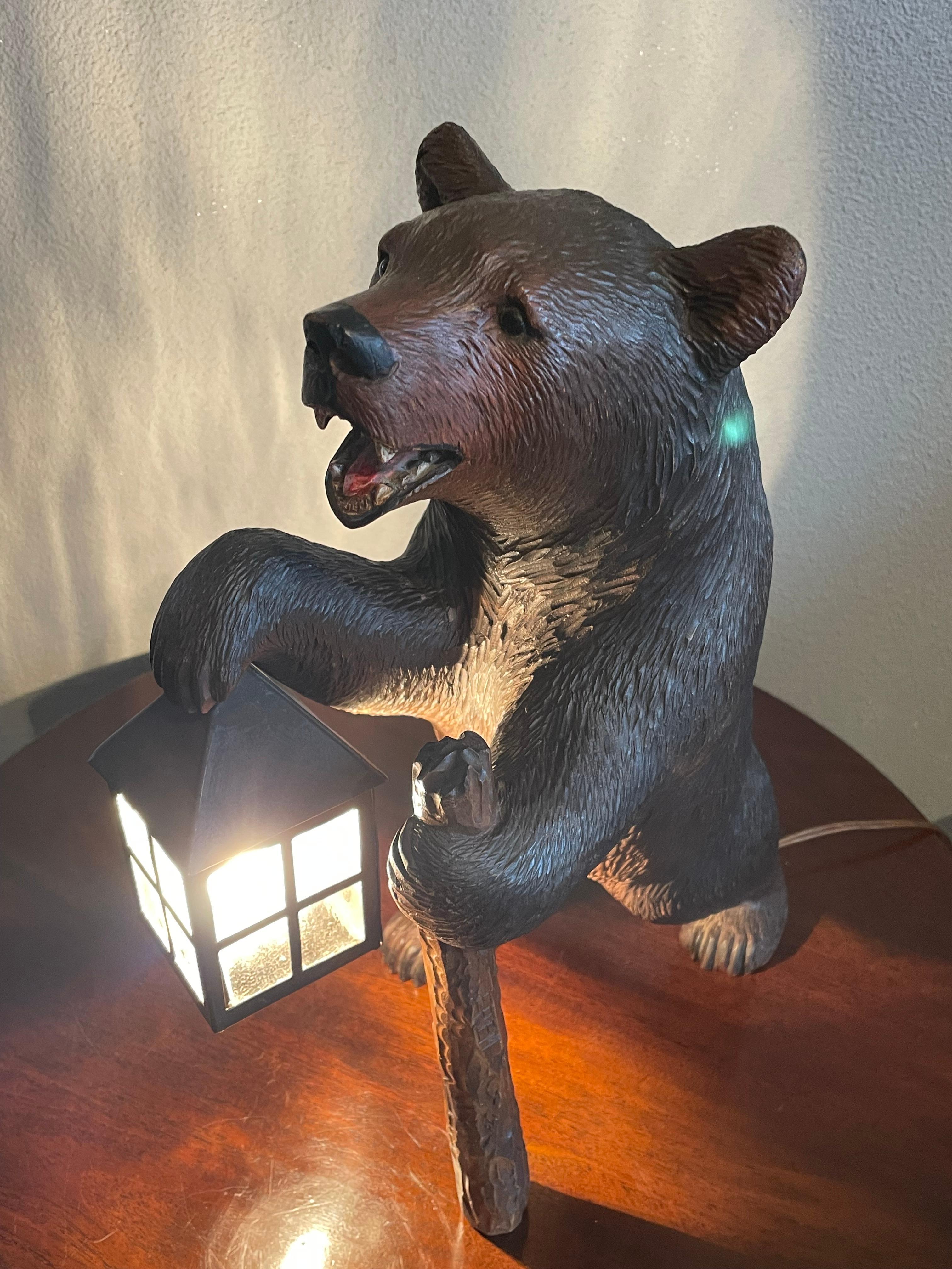 Antique Hand Carved Swiss Black Forest Bear Table / Desk Lamp with Maker's Marks 10