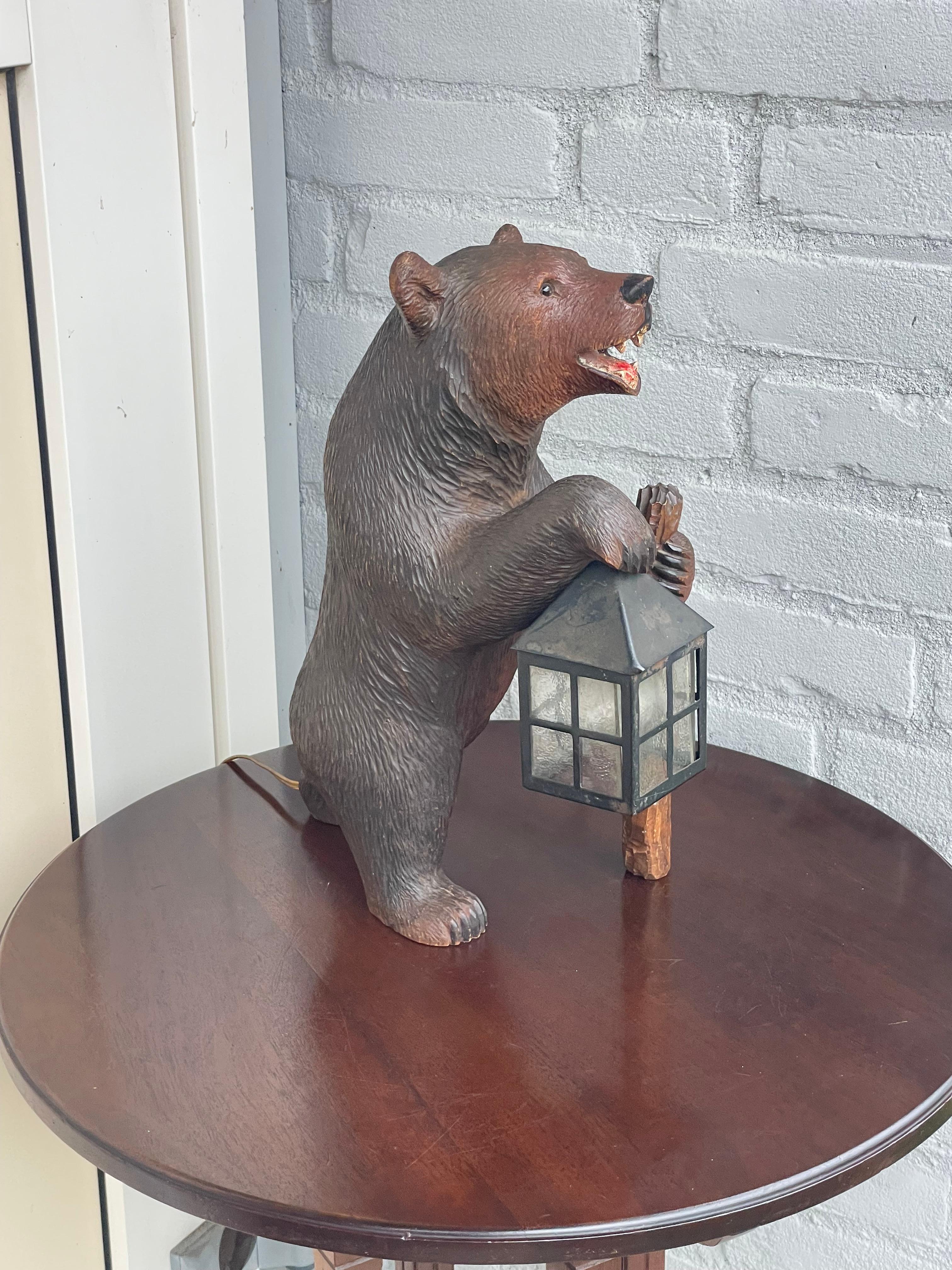 Antique Hand Carved Swiss Black Forest Bear Table / Desk Lamp with Maker's Marks 11