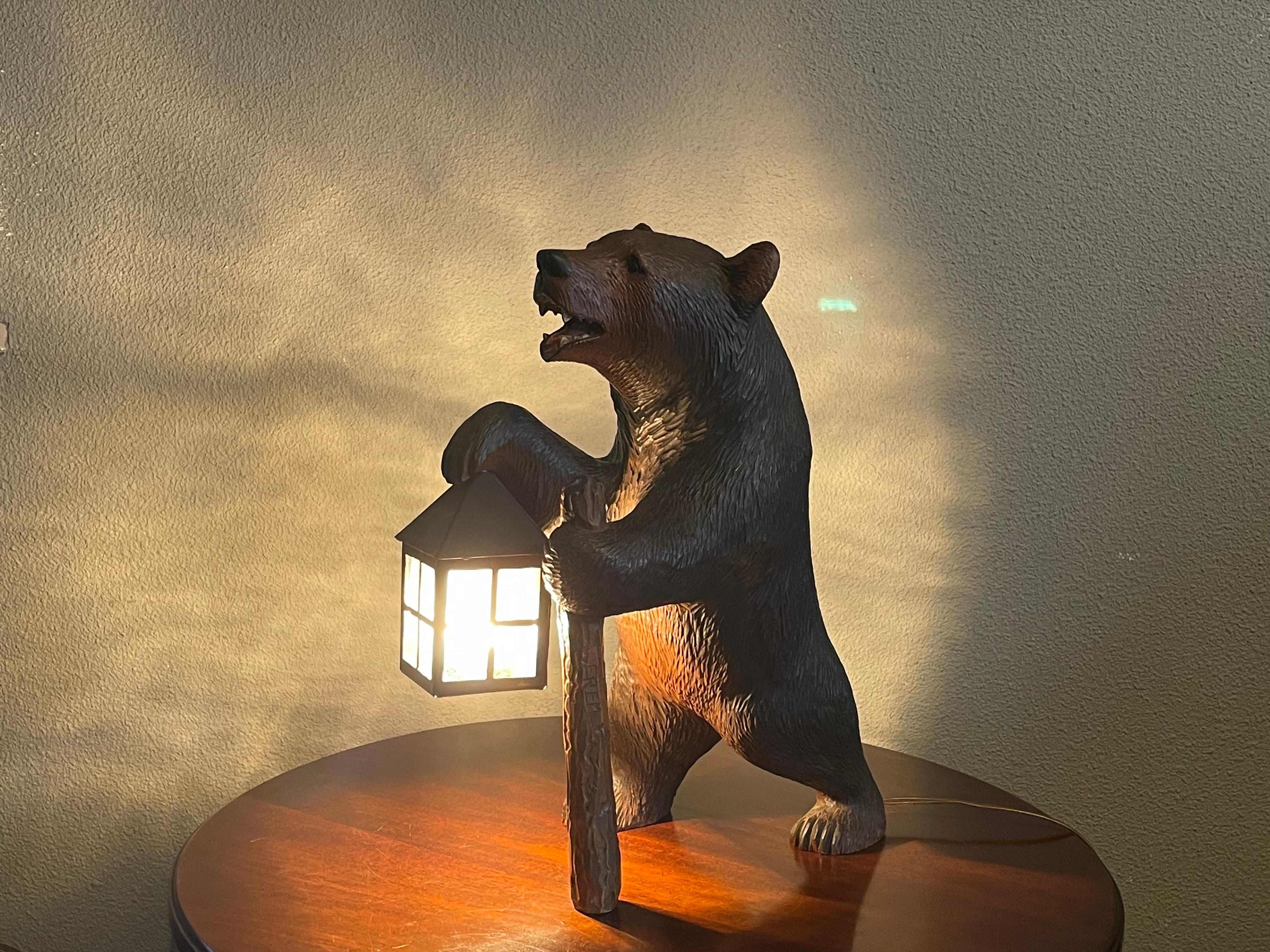 Antique Hand Carved Swiss Black Forest Bear Table / Desk Lamp with Maker's Marks 12