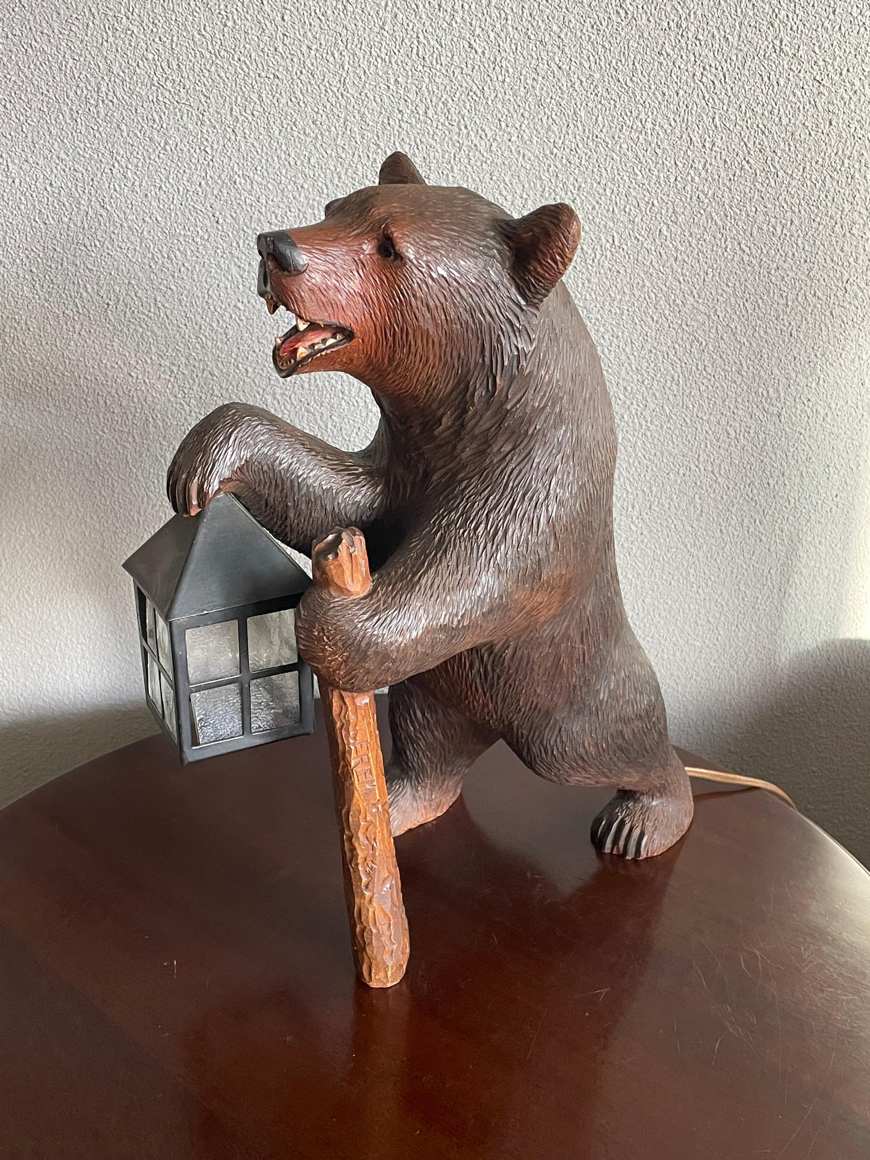 Antique Hand Carved Swiss Black Forest Bear Table / Desk Lamp with Maker's Marks 13