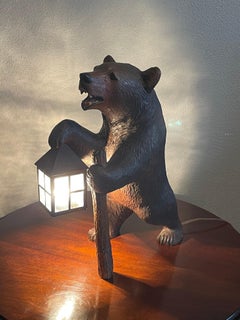 Antique Hand Carved Swiss Black Forest Bear Table / Desk Lamp with Maker's Marks