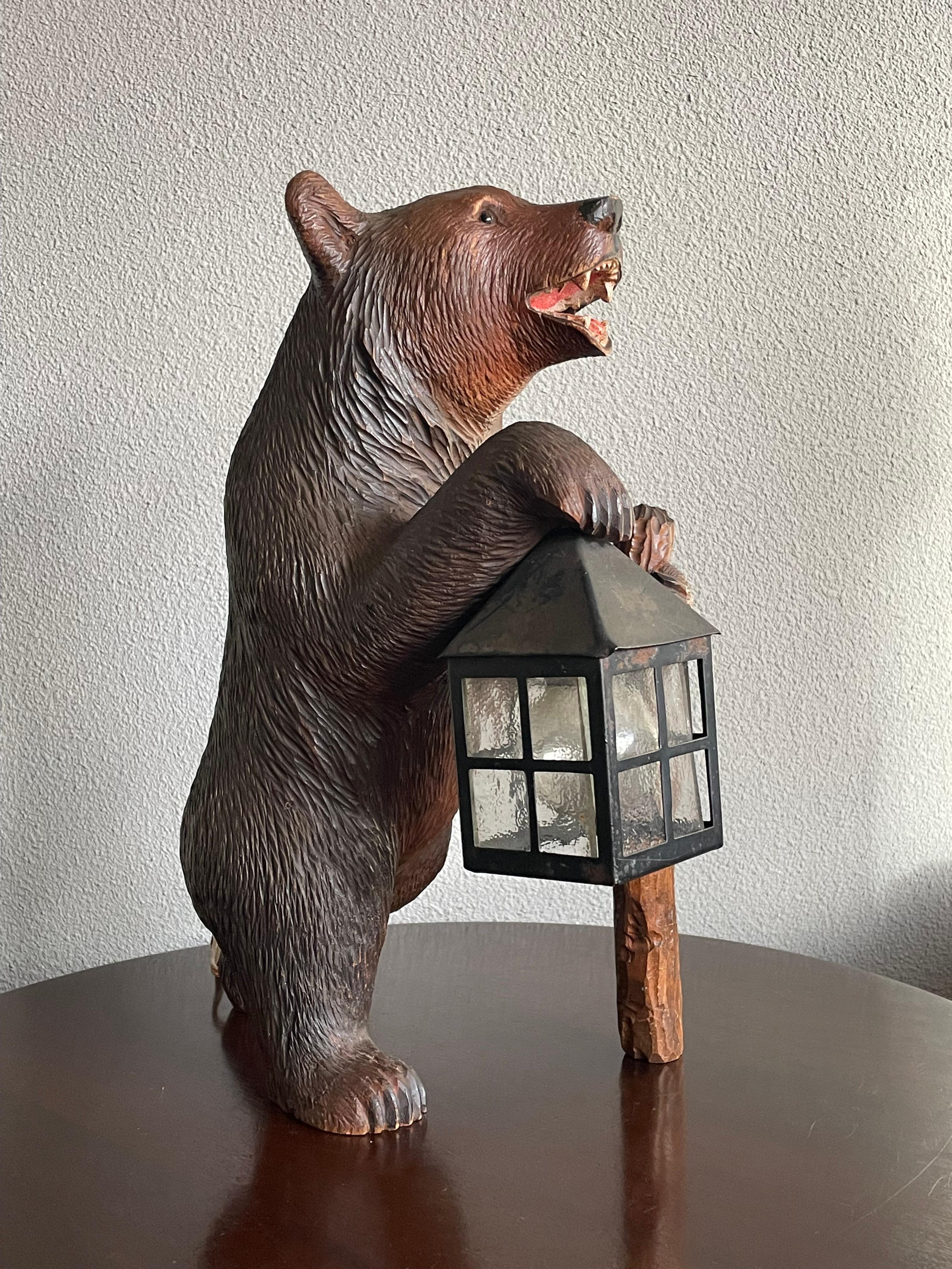 Blackened Antique Hand Carved Swiss Black Forest Bear Table / Desk Lamp with Maker's Marks
