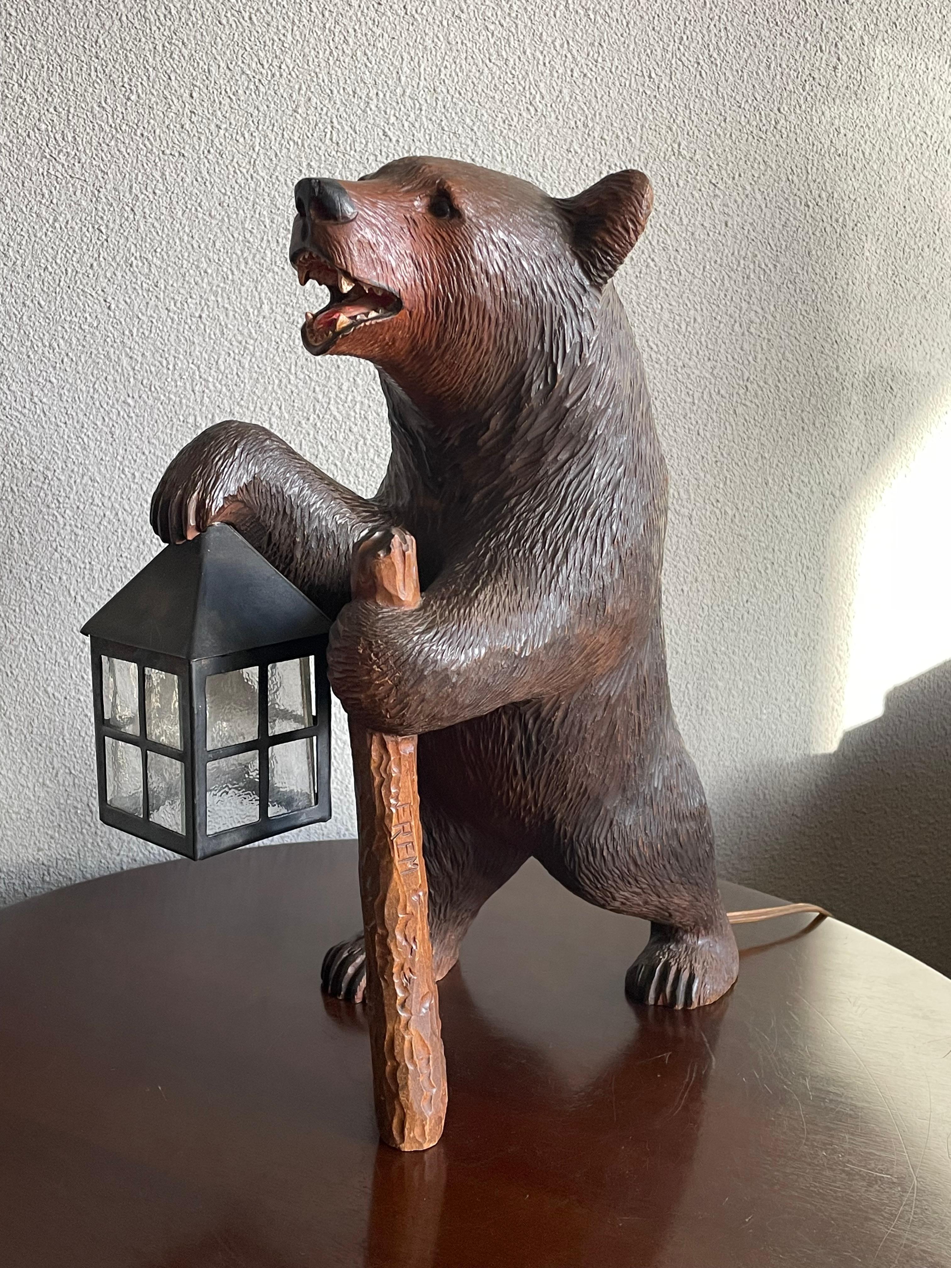 20th Century Antique Hand Carved Swiss Black Forest Bear Table / Desk Lamp with Maker's Marks