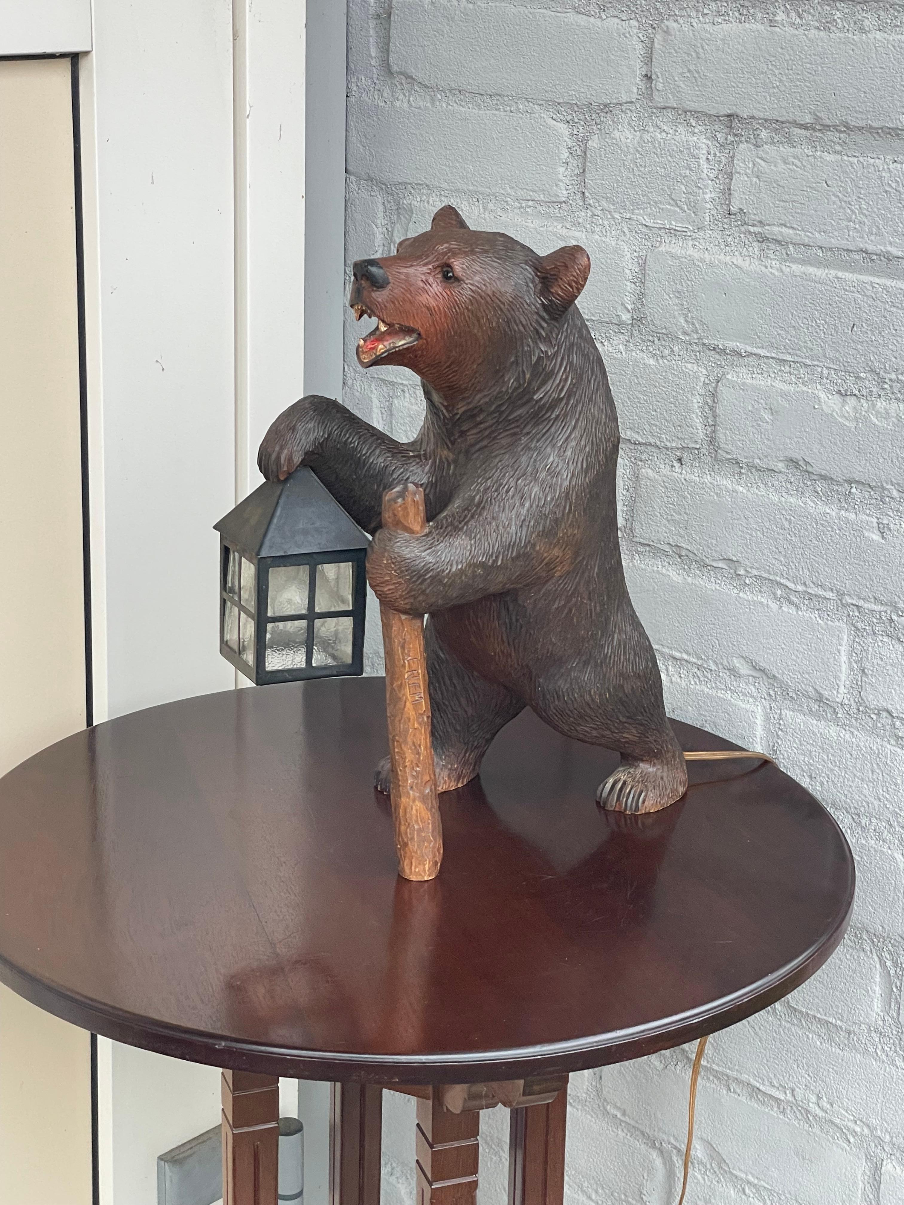 Metal Antique Hand Carved Swiss Black Forest Bear Table / Desk Lamp with Maker's Marks