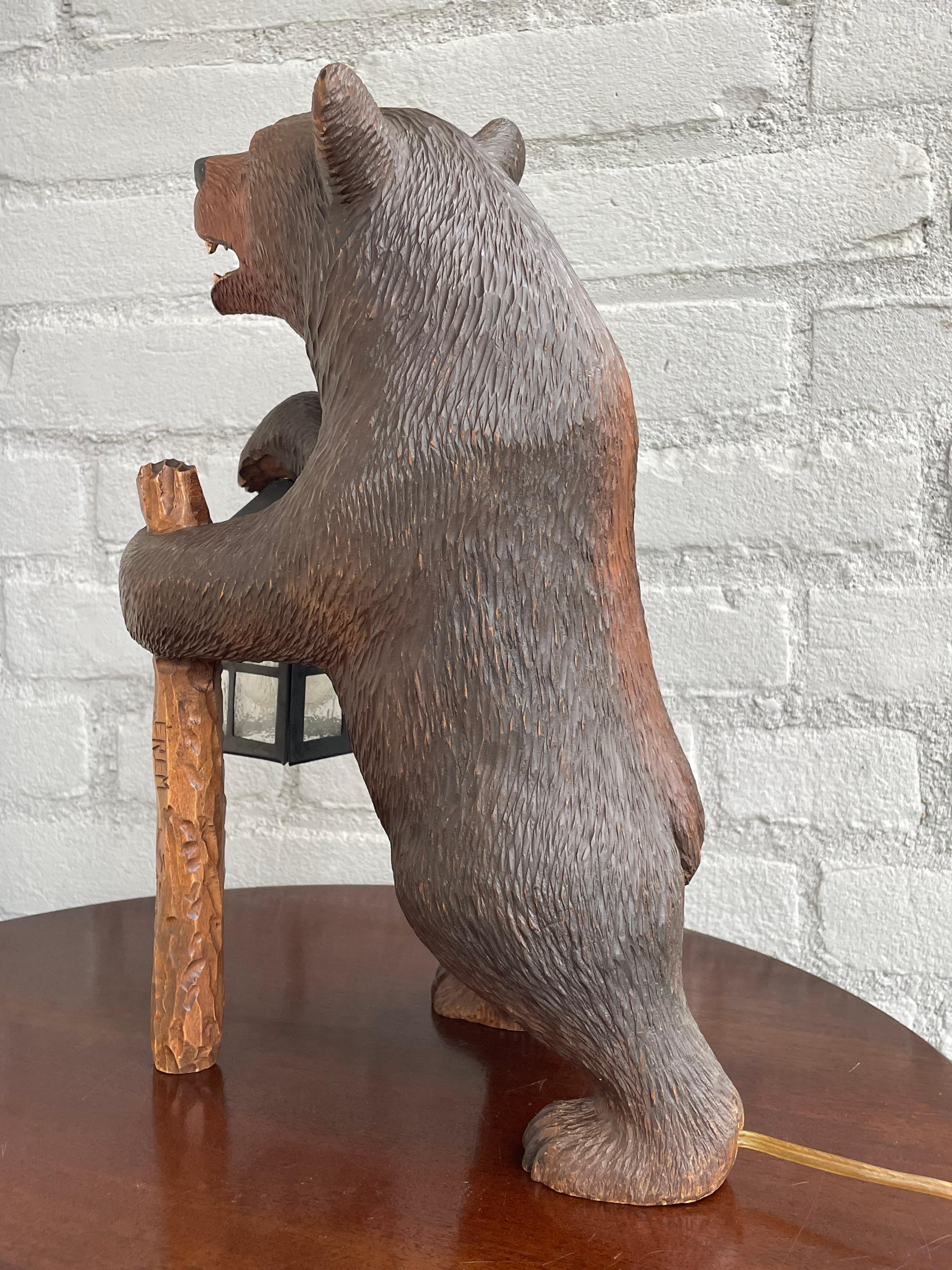 Antique Hand Carved Swiss Black Forest Bear Table / Desk Lamp with Maker's Marks 1