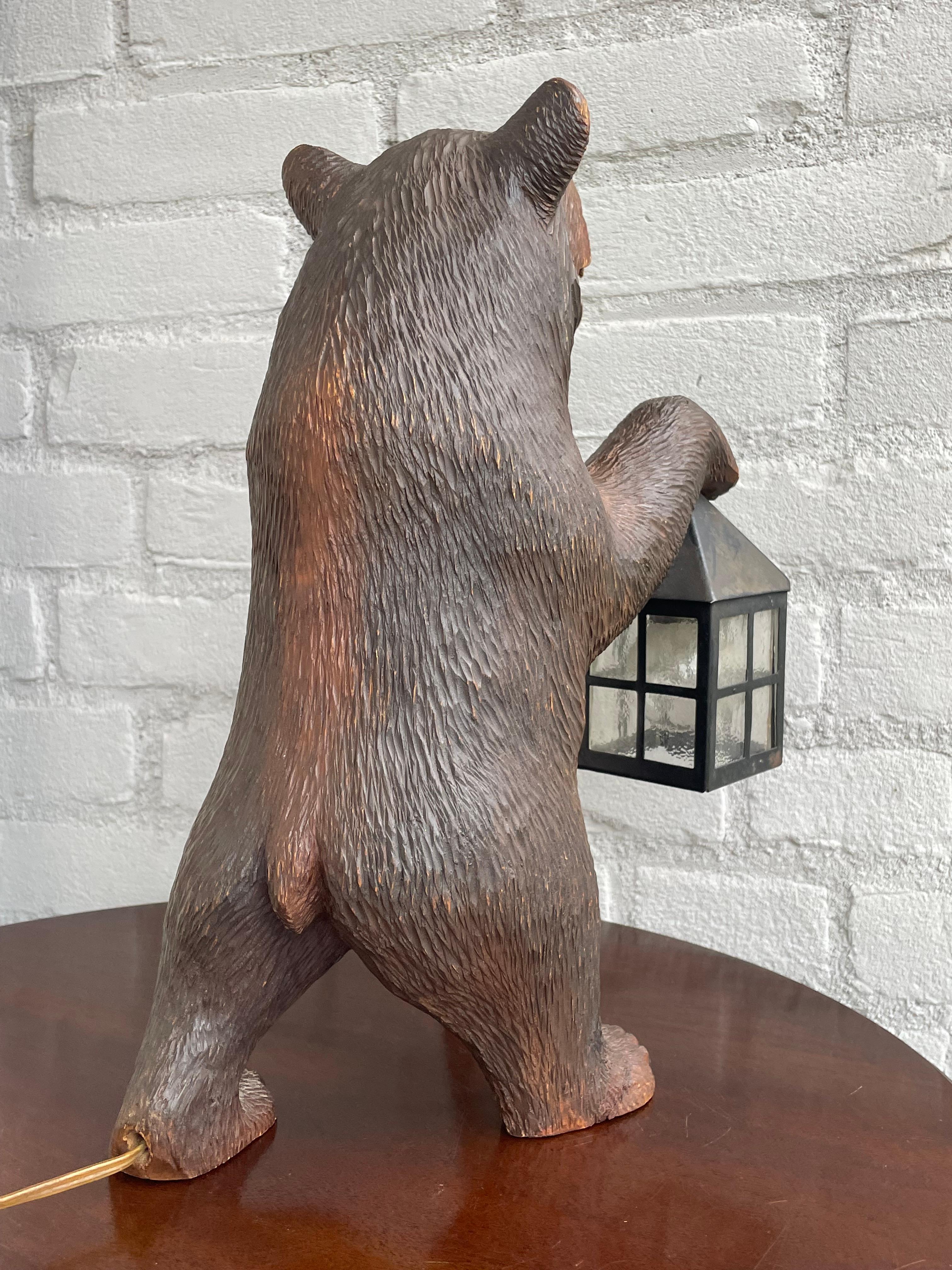 Antique Hand Carved Swiss Black Forest Bear Table / Desk Lamp with Maker's Marks 2