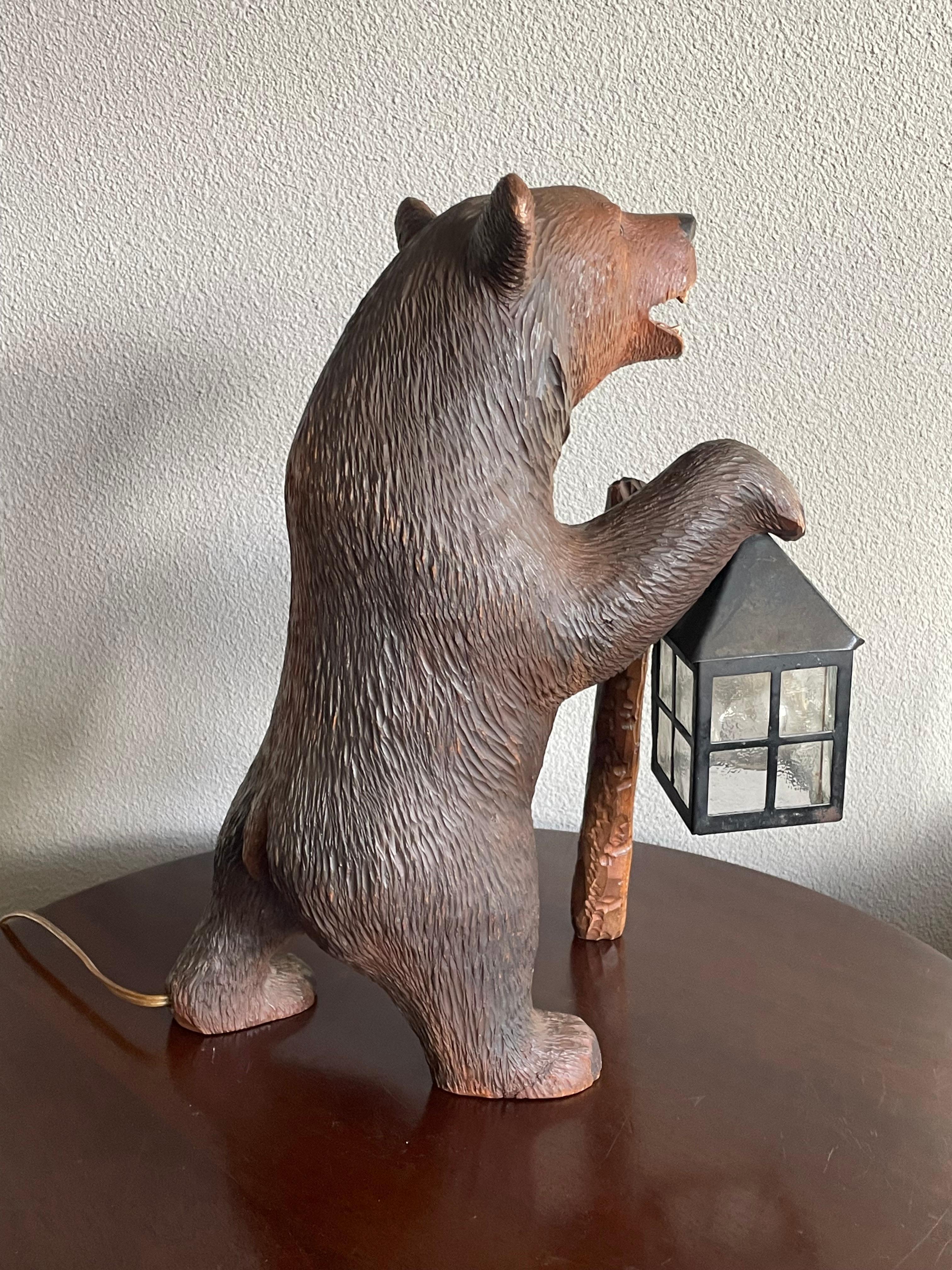 Antique Hand Carved Swiss Black Forest Bear Table / Desk Lamp with Maker's Marks 3