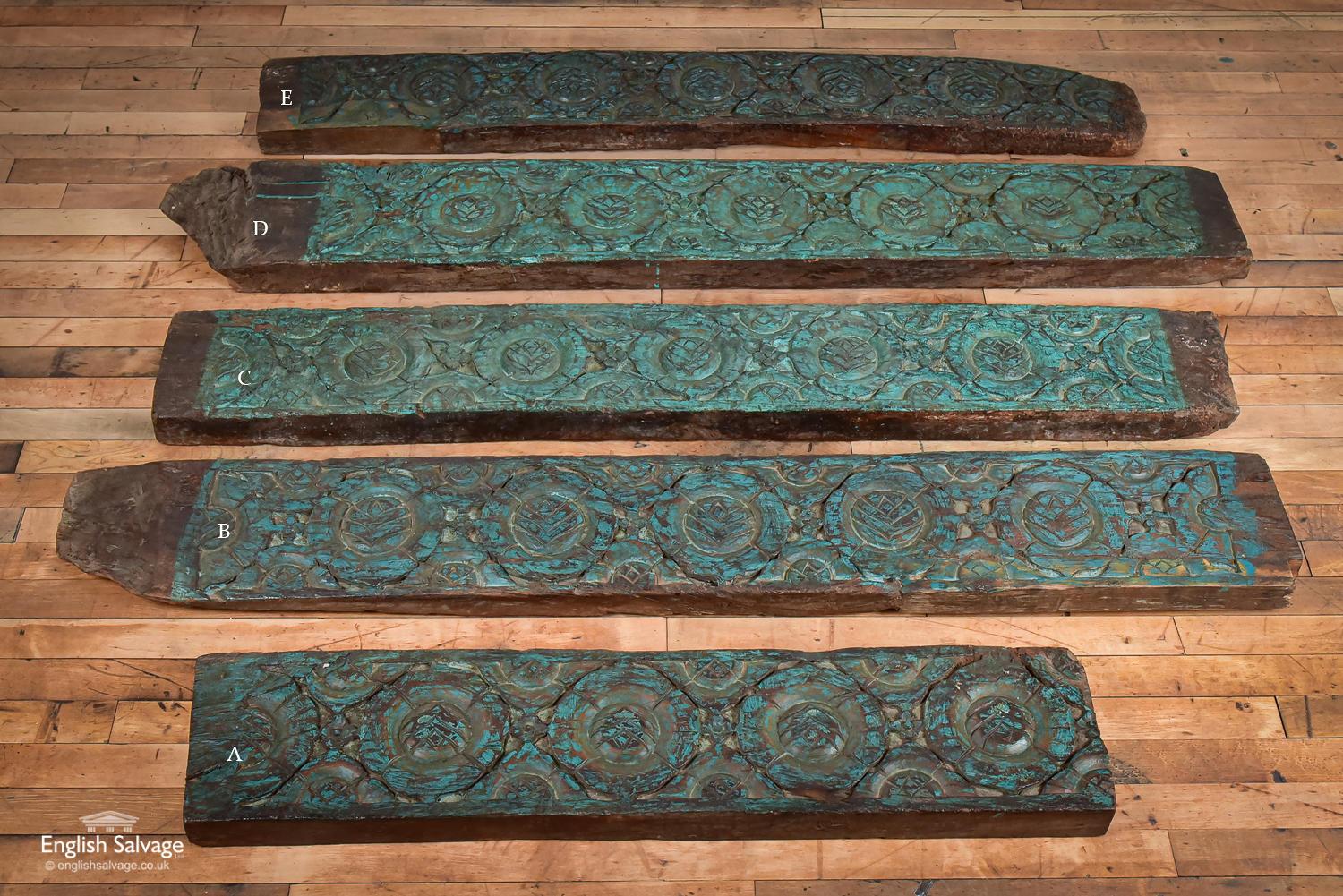 Beautiful reclaimed ornately hand carved wooden panels painted in an attractive turquoise colour. The paint is worn, and the wood has some chips and losses as can be seen in the photographs. Panel E is slightly warped.