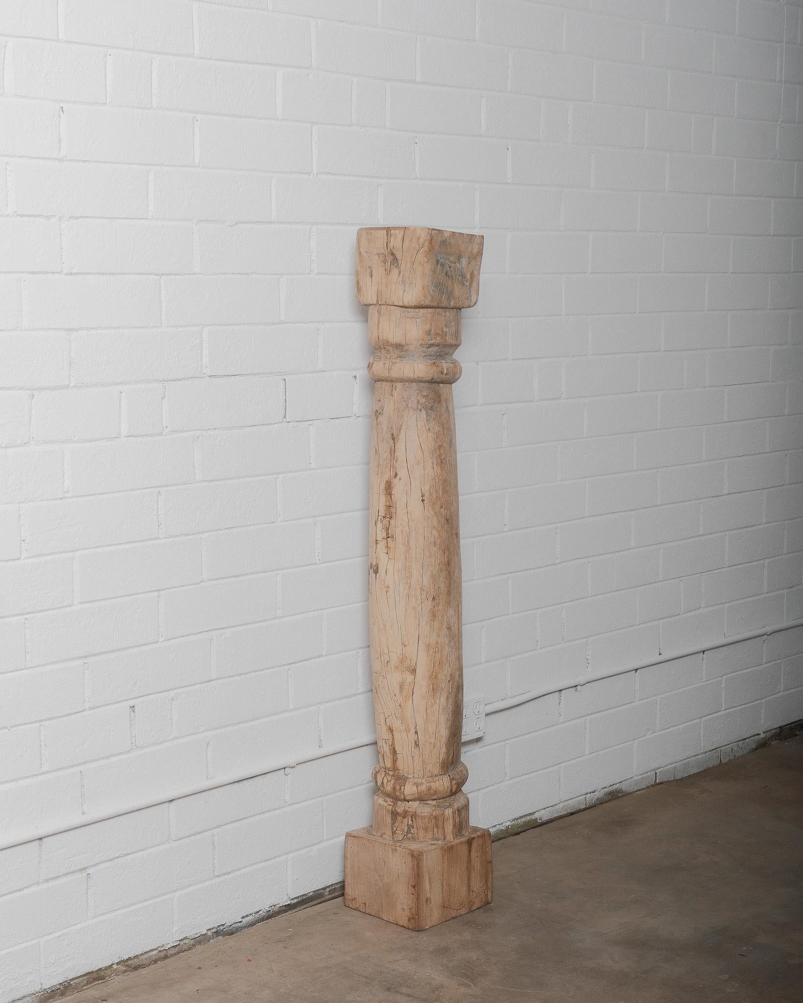 Rustic Antique Hand-Carved Teak Wood Column with Distressed Patina For Sale