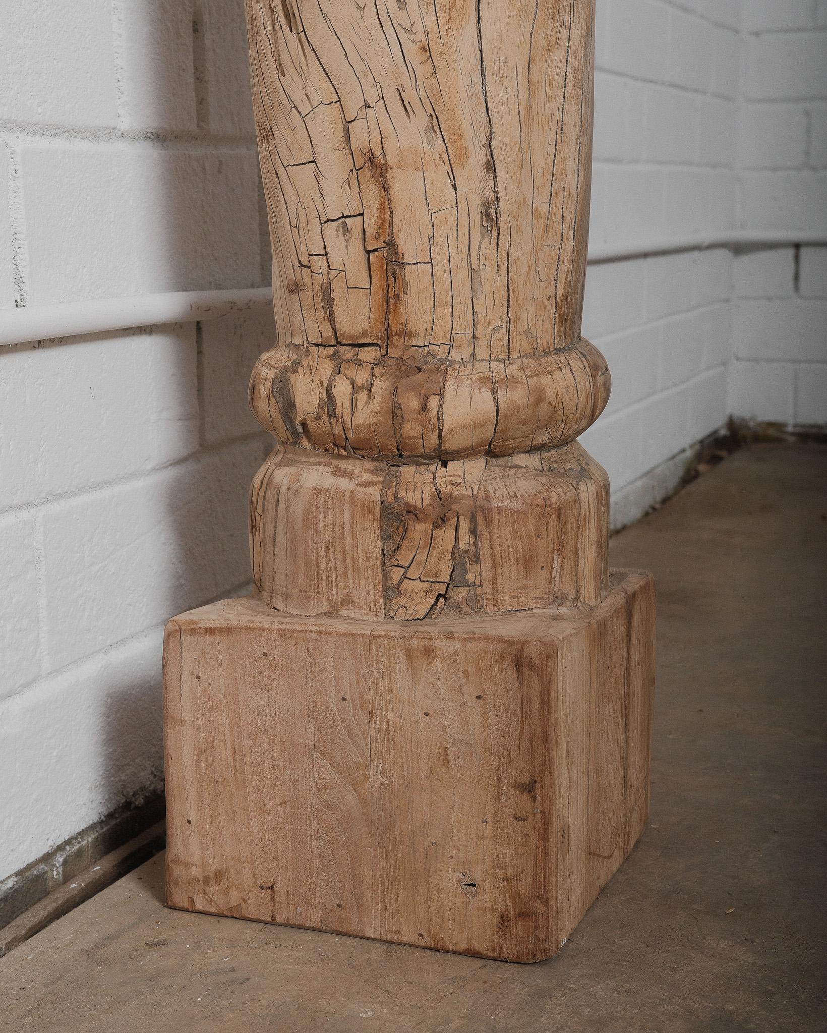 Indian Antique Hand-Carved Teak Wood Column with Distressed Patina For Sale