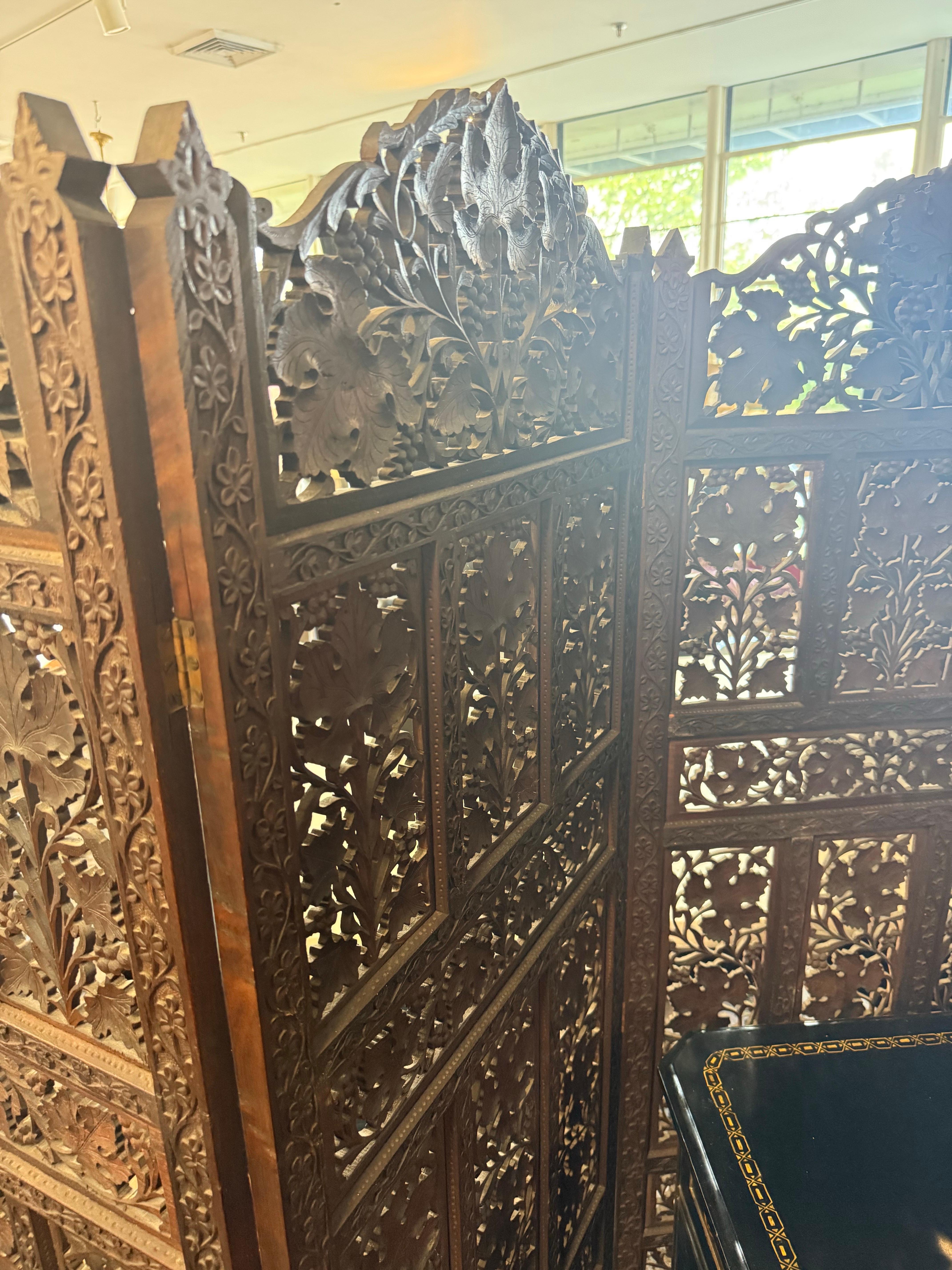 Antique Hand Carved Three Panel Dark Teak Pierced Room Divider Screen For Sale 5