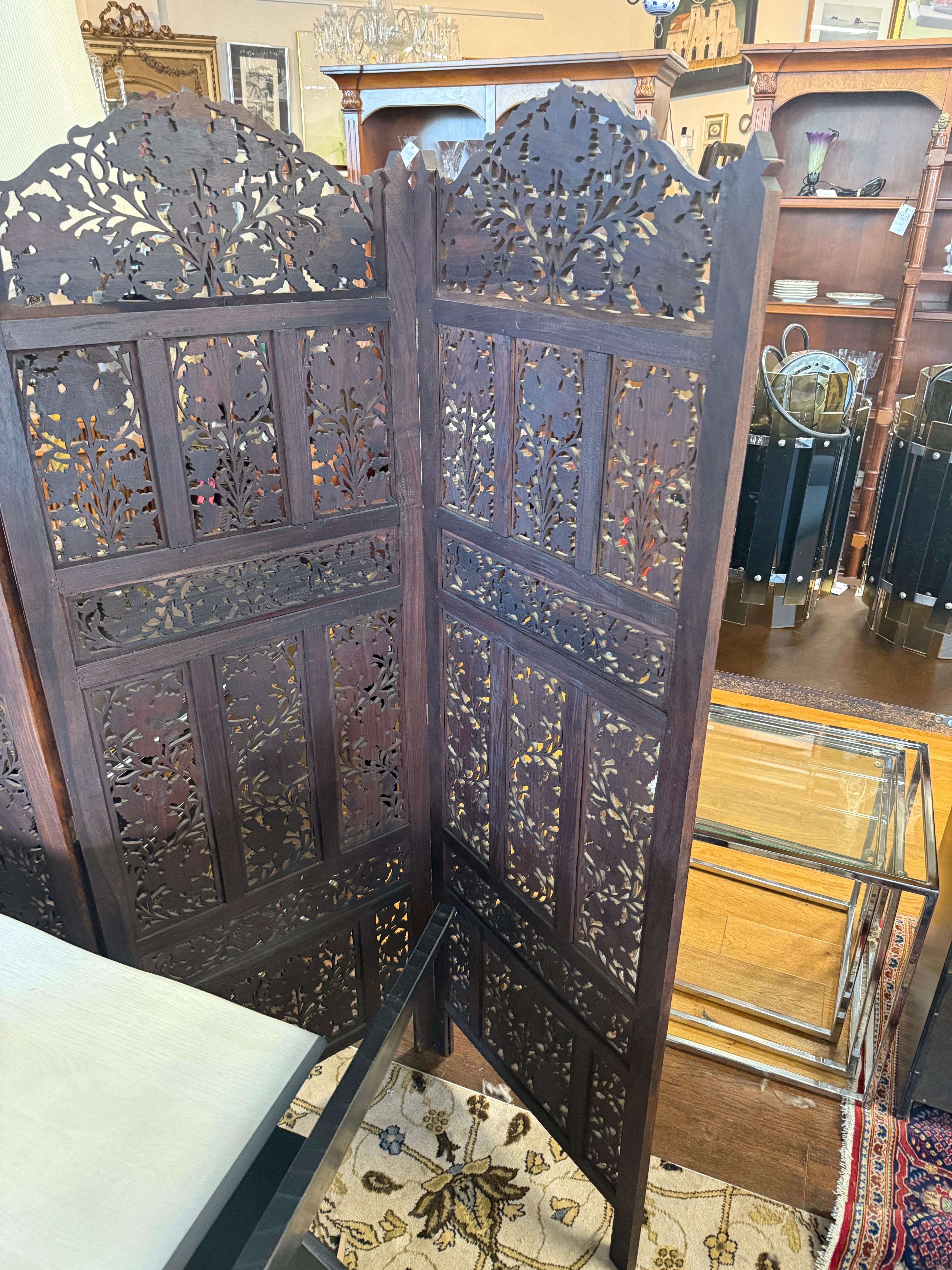 Antique Hand Carved Three Panel Dark Teak Pierced Room Divider Screen For Sale 8