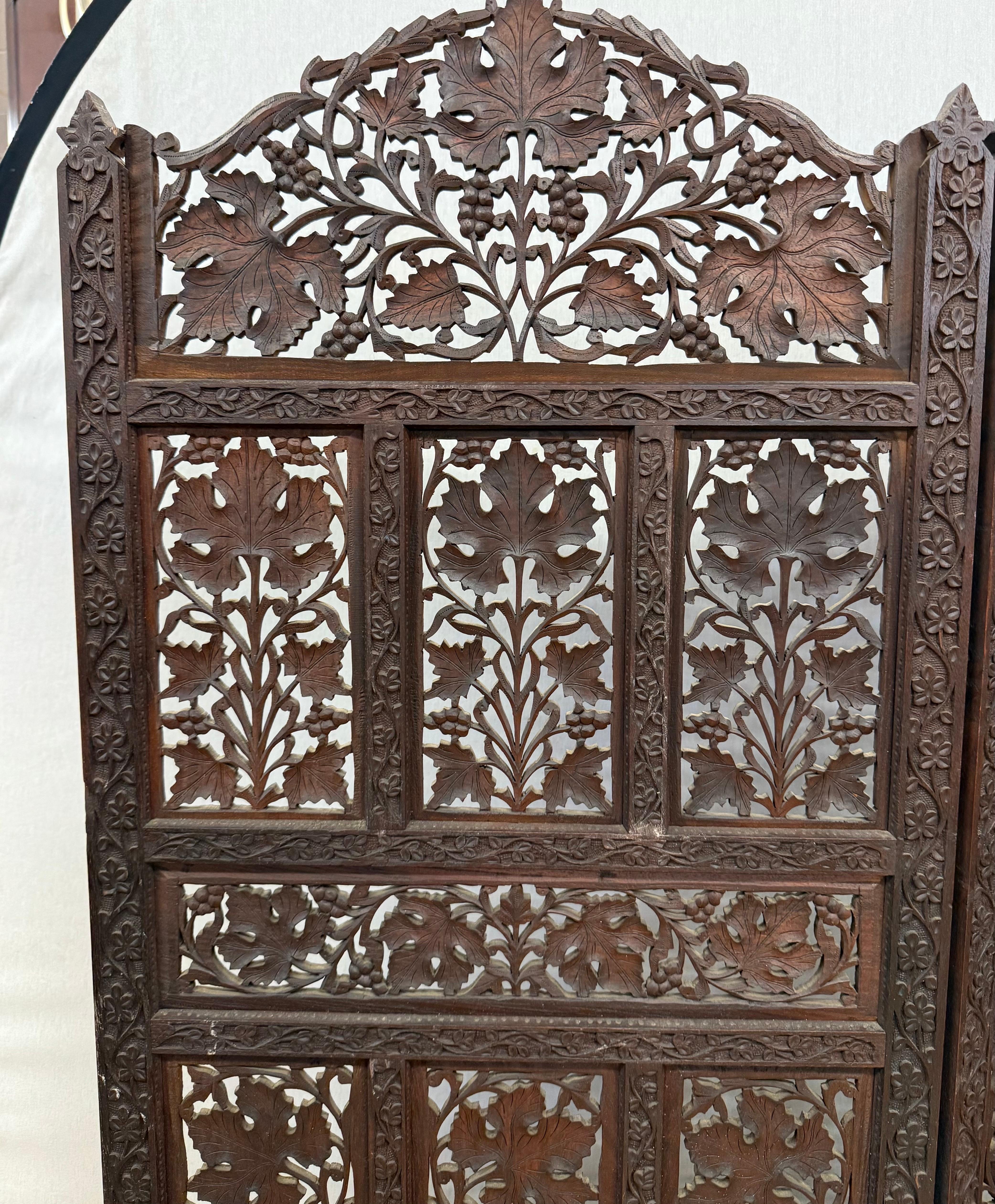 Chinoiserie Antique Hand Carved Three Panel Dark Teak Pierced Room Divider Screen For Sale