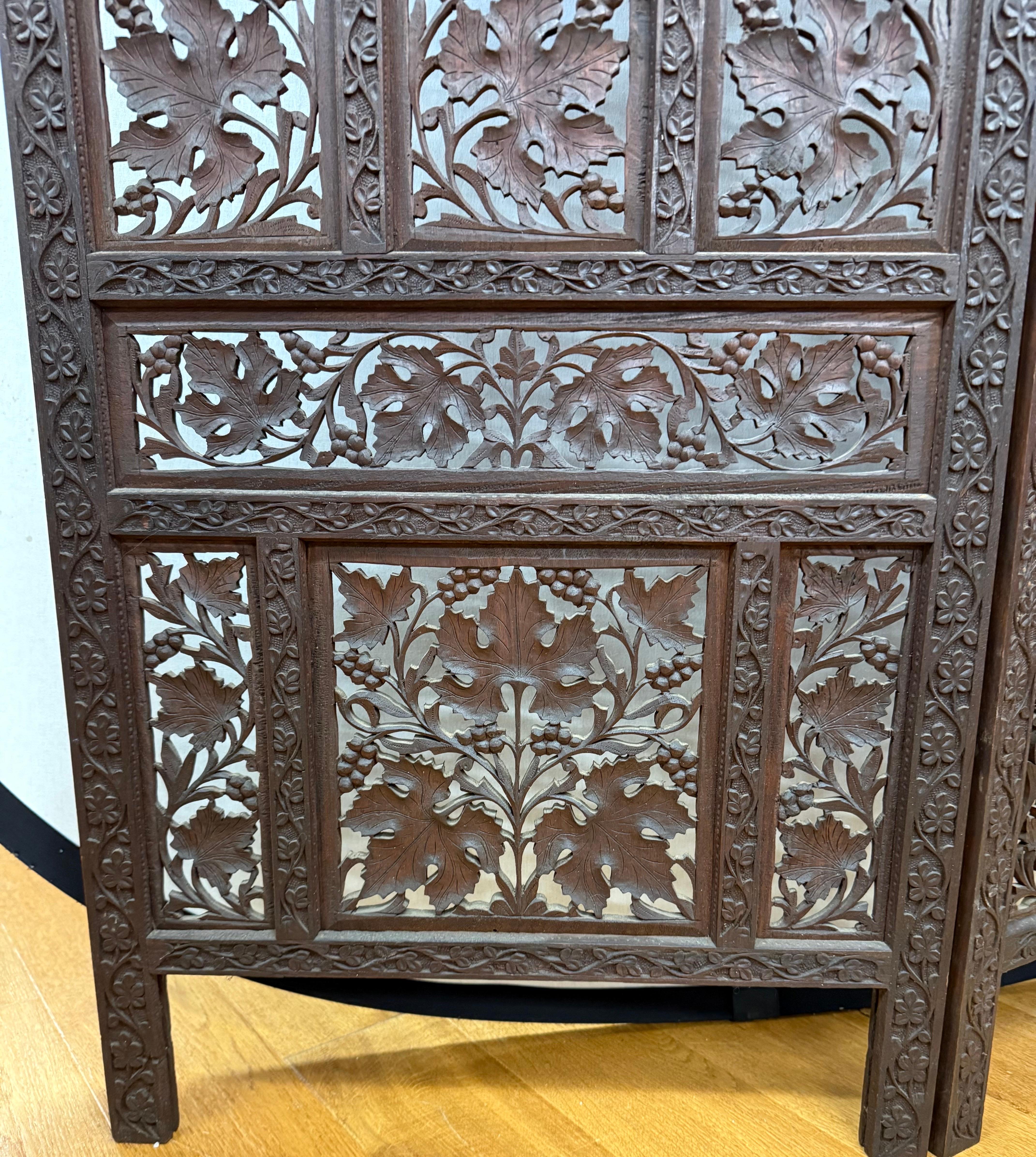 Antique Hand Carved Three Panel Dark Teak Pierced Room Divider Screen For Sale 1
