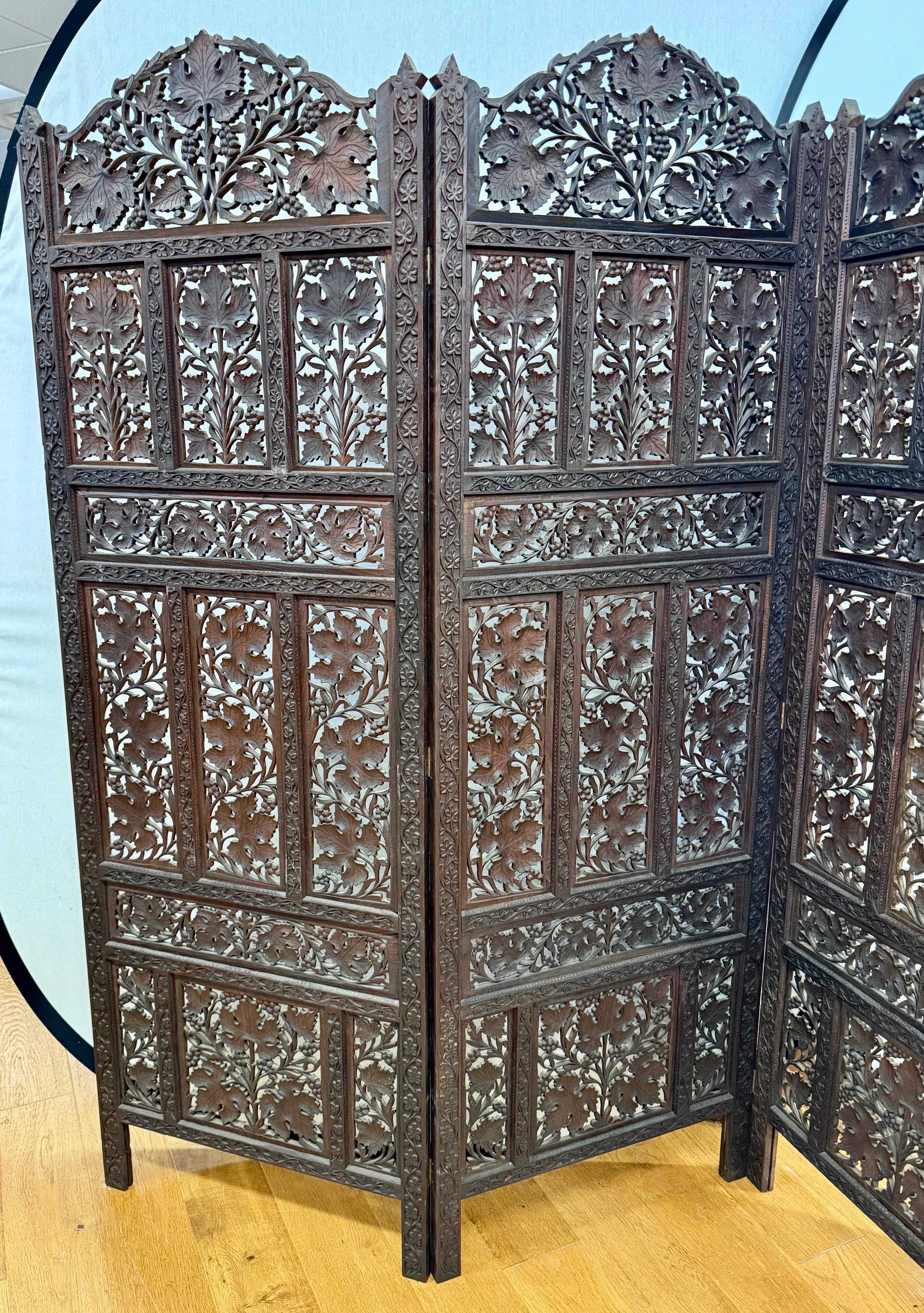 Antique Hand Carved Three Panel Dark Teak Pierced Room Divider Screen For Sale 2