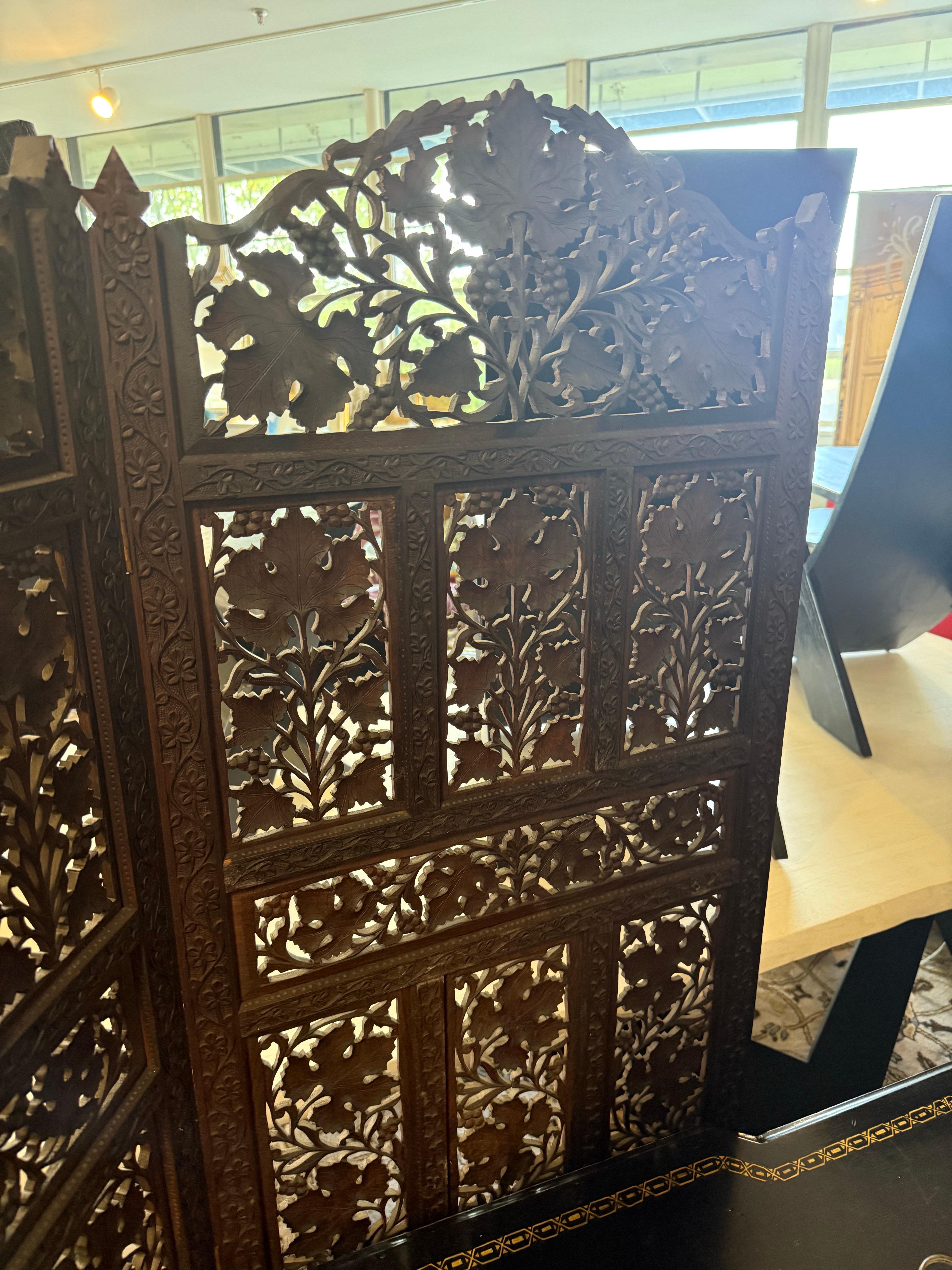 Antique Hand Carved Three Panel Dark Teak Pierced Room Divider Screen For Sale 3