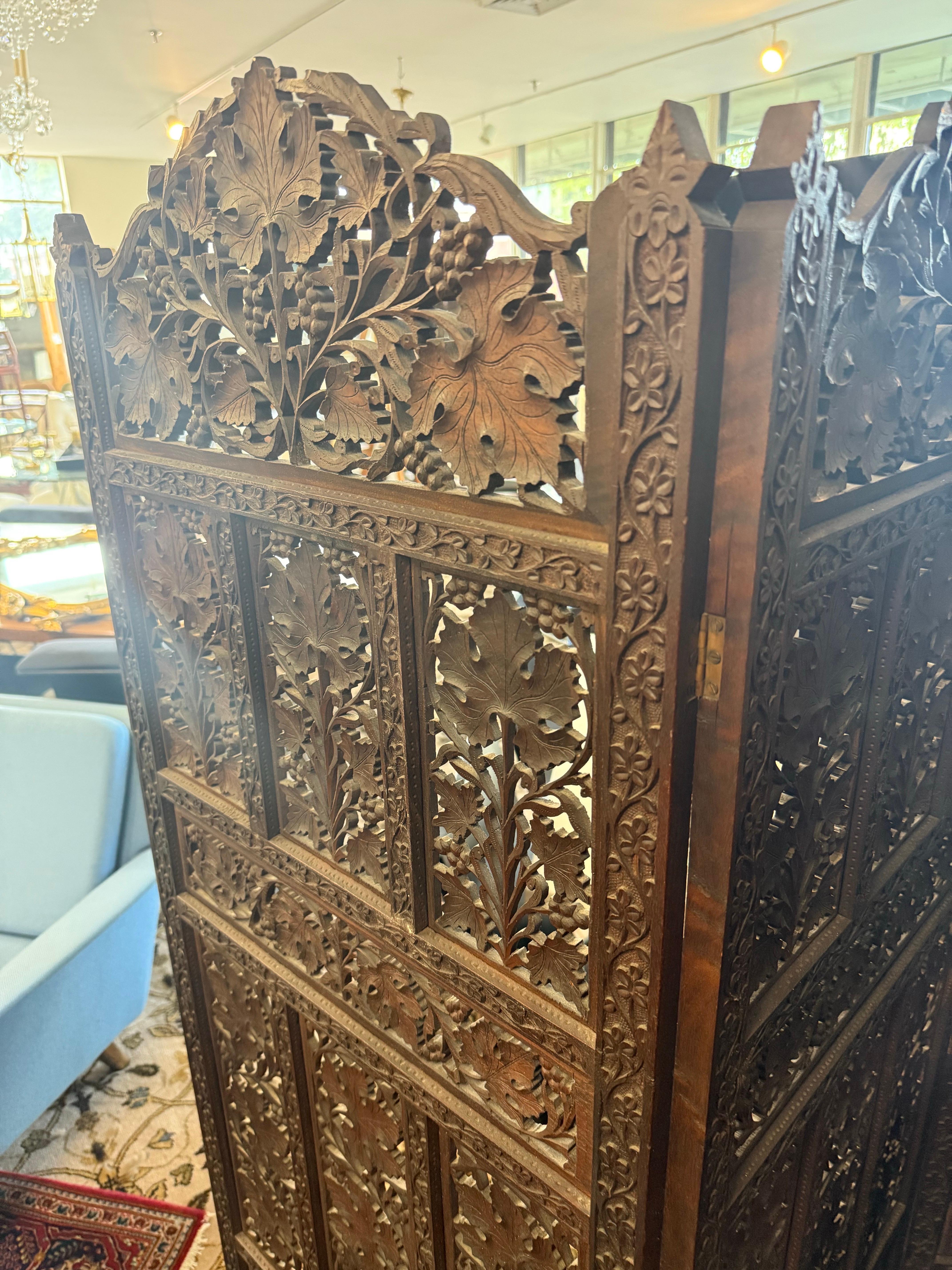 Antique Hand Carved Three Panel Dark Teak Pierced Room Divider Screen For Sale 4