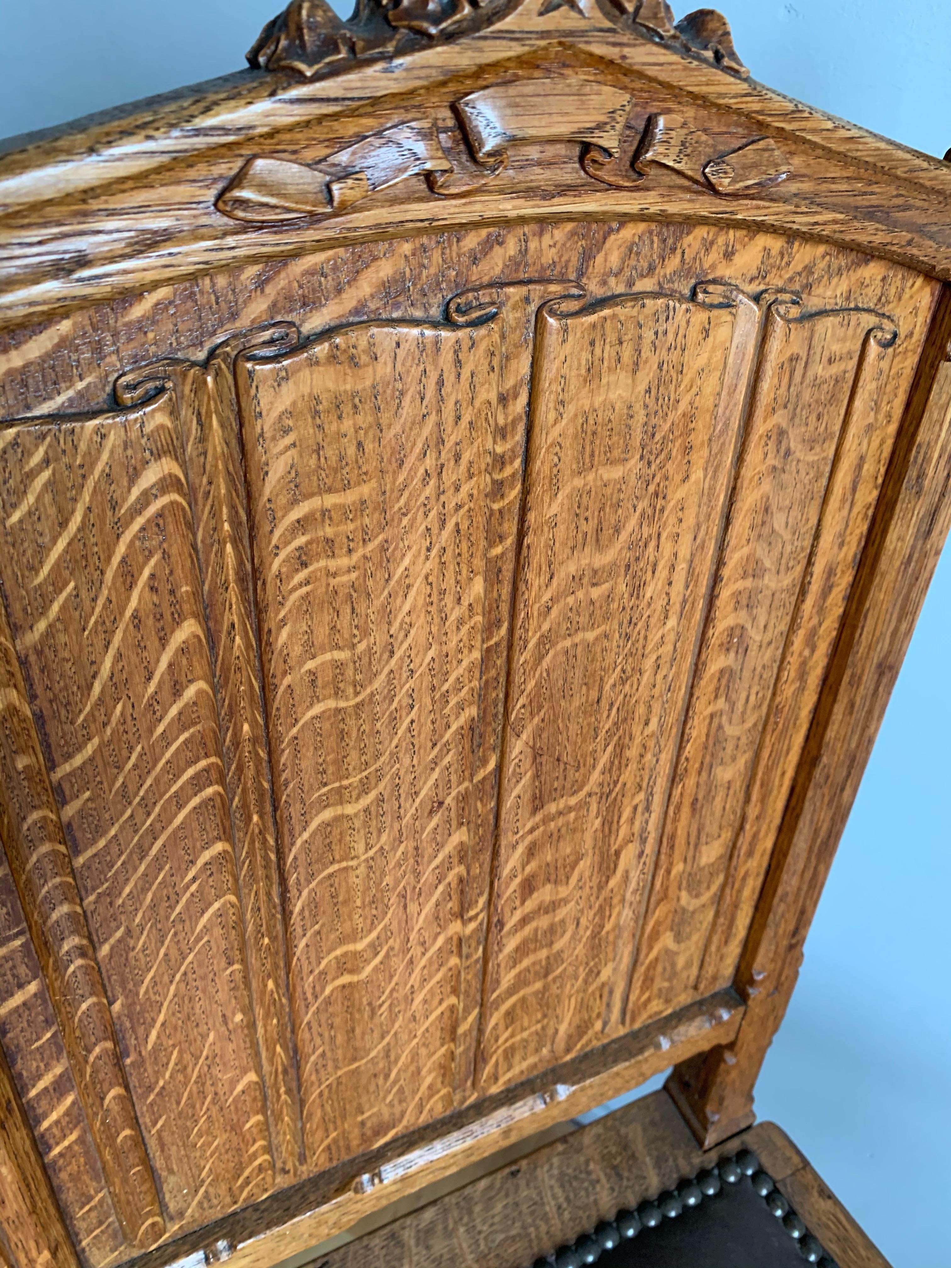 European Antique Hand Carved Tiger Oak Gothic Revival Desk or Hall Chair w. Leather Seat For Sale