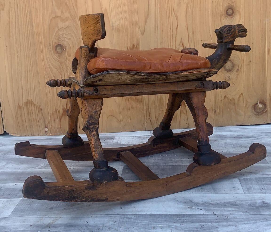 Antique Carved Turkish Wood Camel Rocker with Leather Cushion Seat For Sale 5