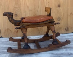 Antique Carved Turkish Wood Camel Rocker with Leather Cushion Seat