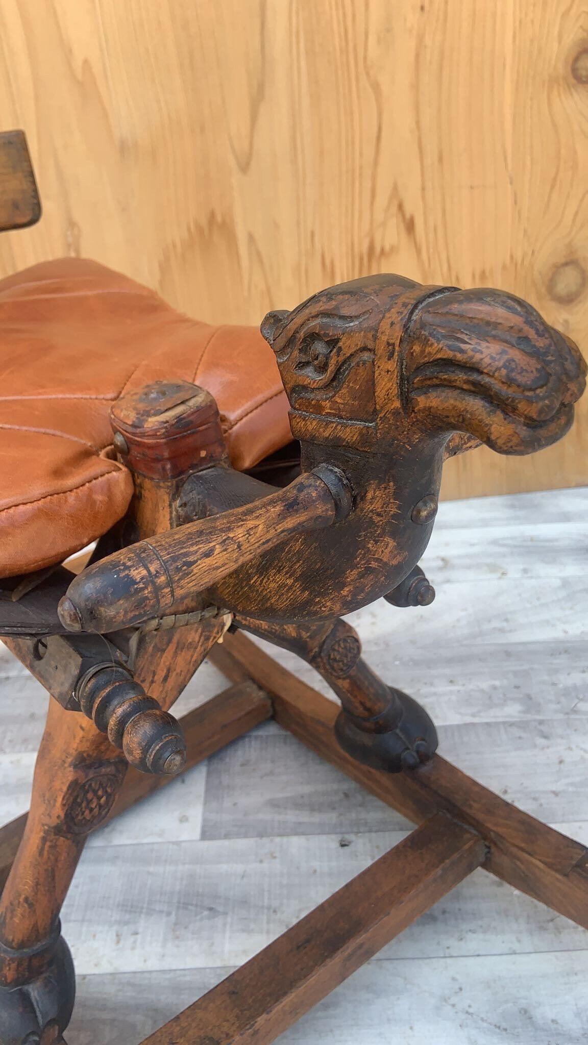 Islamic Antique Hand Carved Turkish Wood Camel Rocker with Leather Cushion Seat For Sale