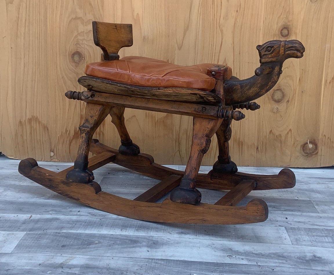 Hand-Carved Antique Carved Turkish Wood Camel Rocker with Leather Cushion Seat For Sale