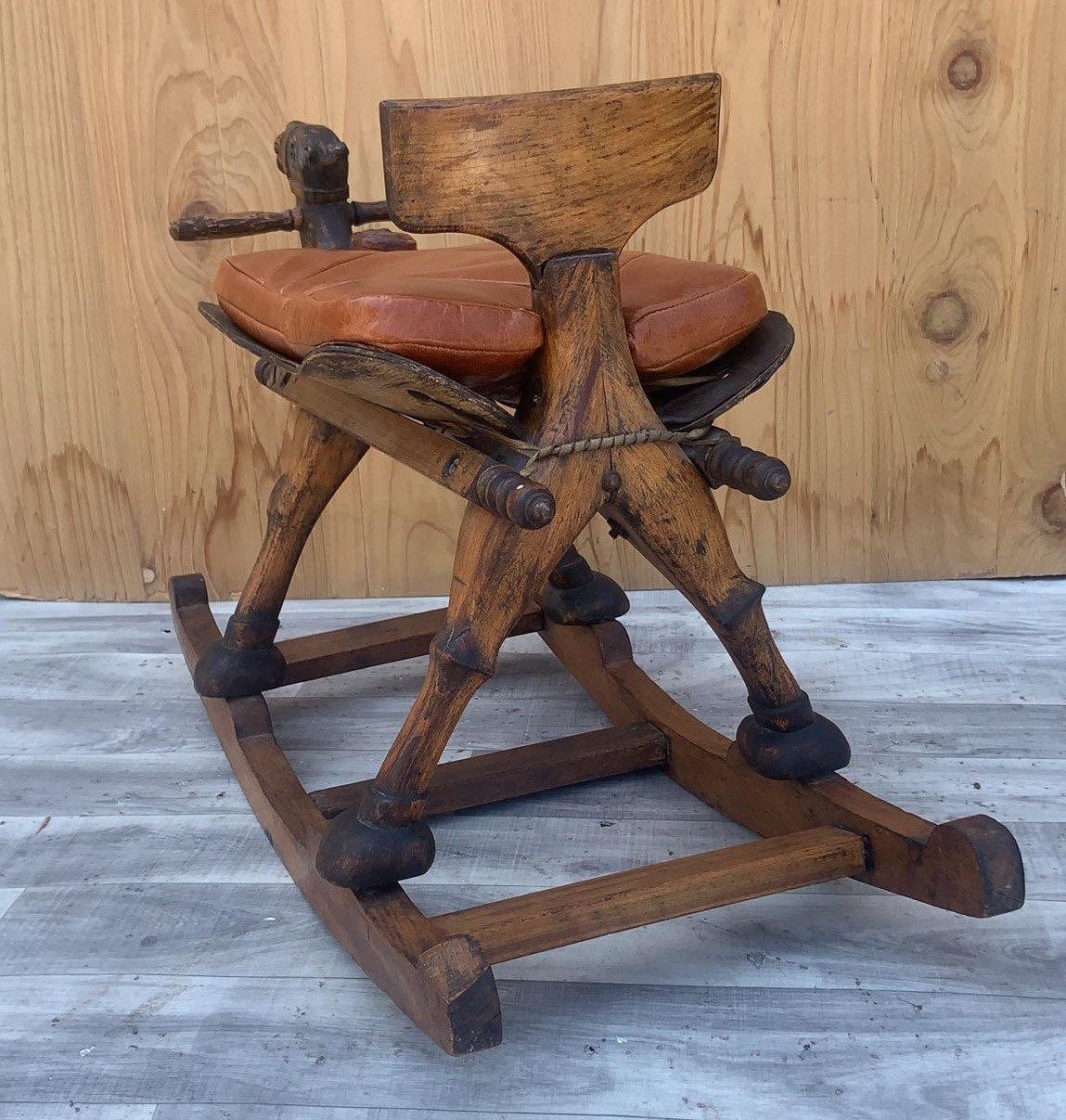 Antique Carved Turkish Wood Camel Rocker with Leather Cushion Seat In Good Condition For Sale In Chicago, IL