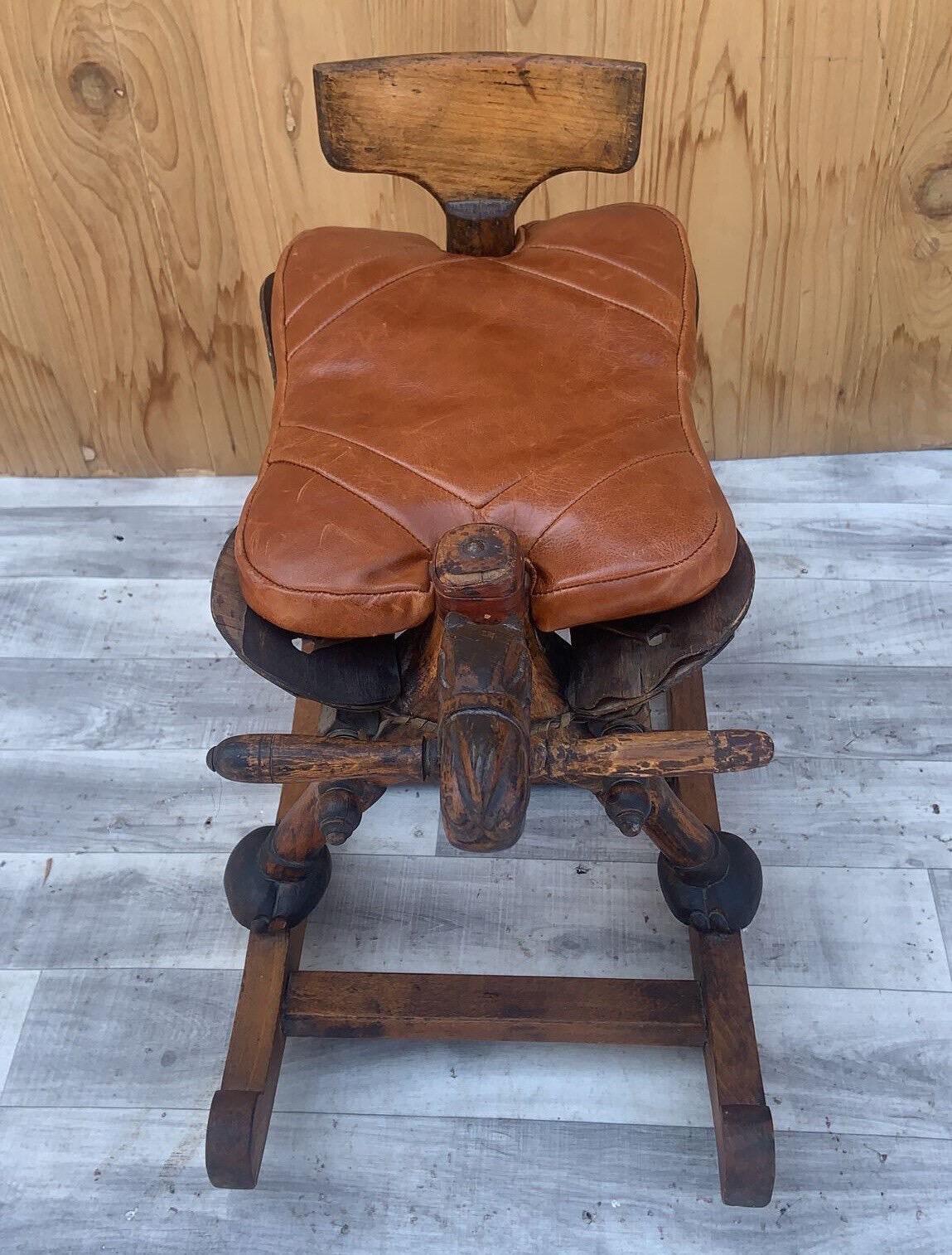 Mid-20th Century Antique Hand Carved Turkish Wood Camel Rocker with Leather Cushion Seat For Sale
